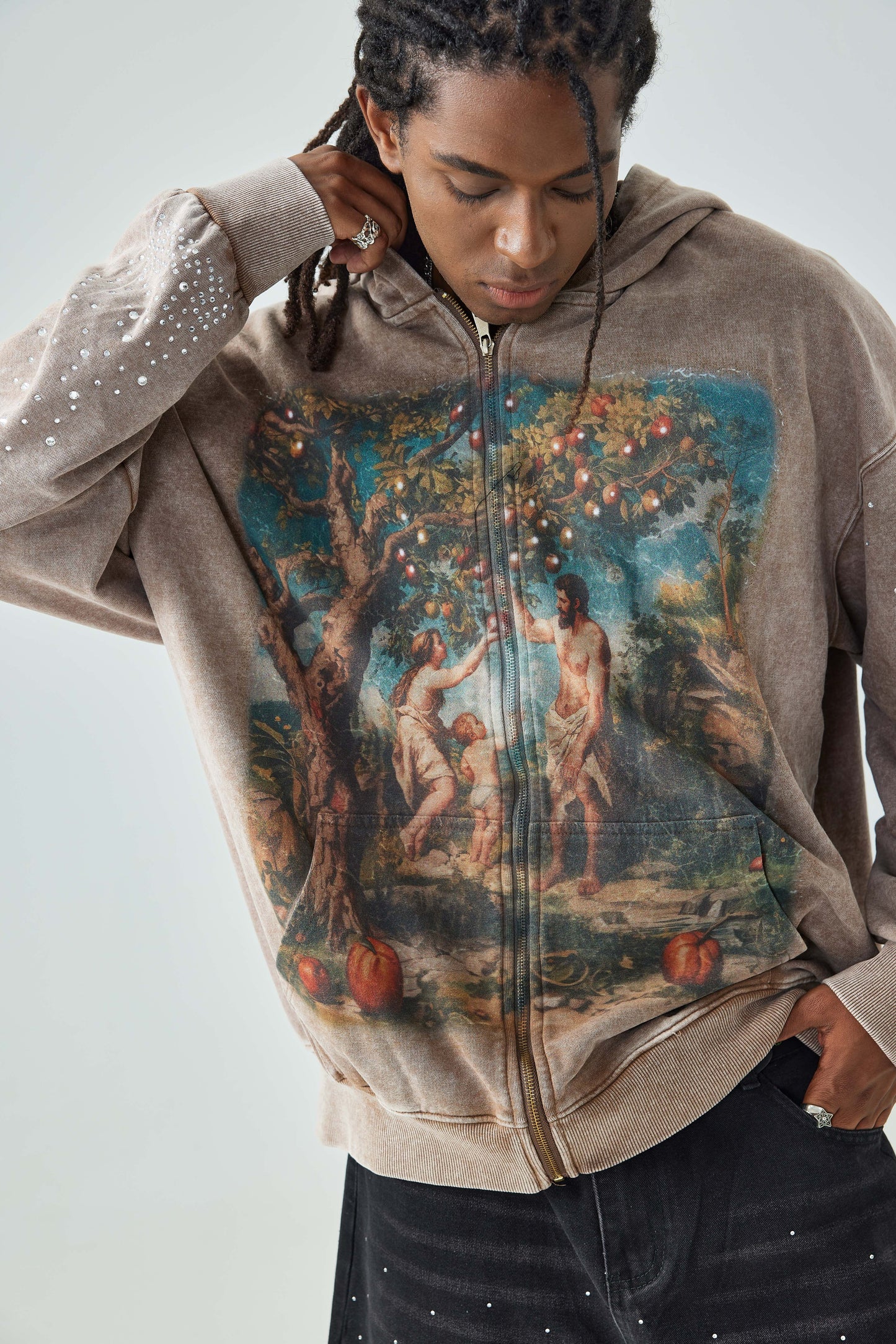 Vintage Art Printed Zip Up Hoodie Unisex Brown with Gemstone Detailing and Biblical Garden of Eden Print Casual Outerwear - 153