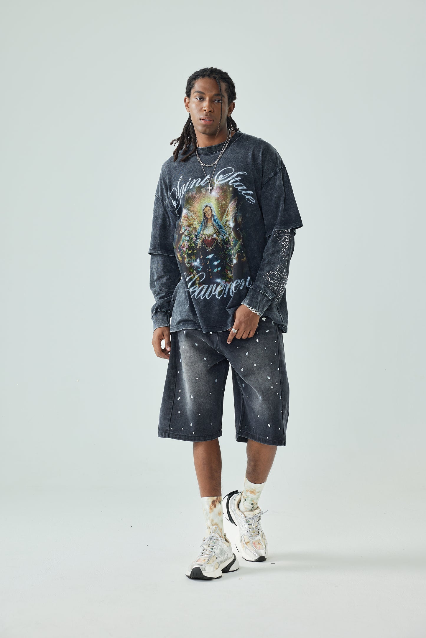 Street Style Long Sleeve Graphic Tee with Angel and Cross Print Vintage Black Casual Top - 156B