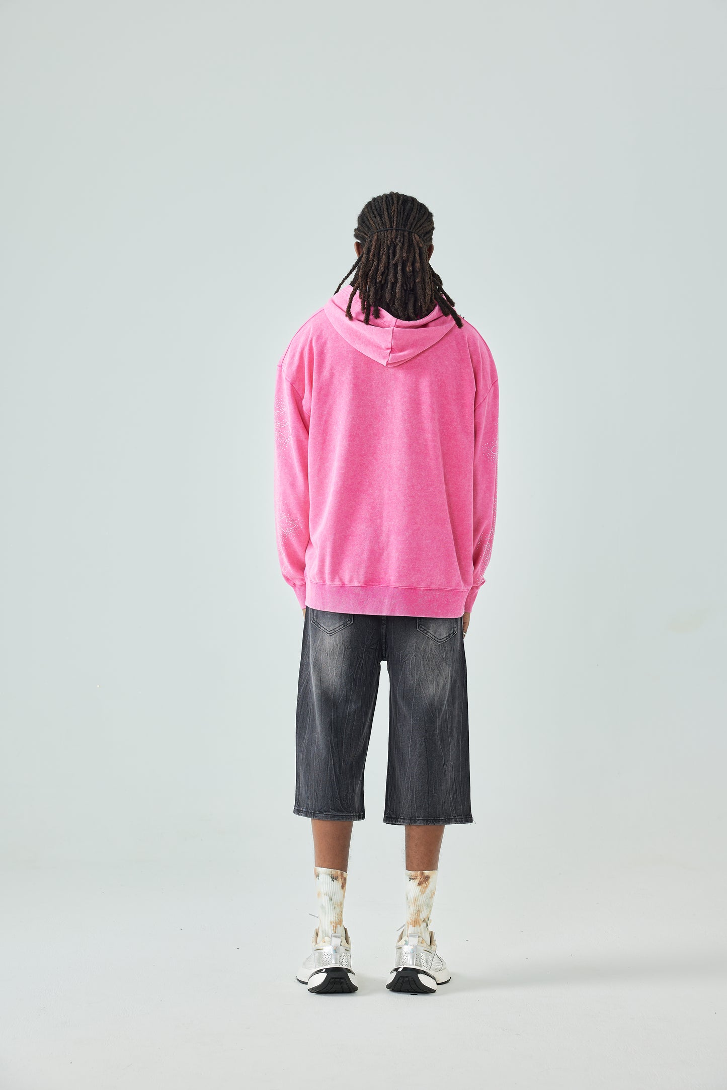 Oversized Washing Zip Up Hoodie with Angel and Cross Print Rhinestone Detail in Pink Casual Outerwear - 156P