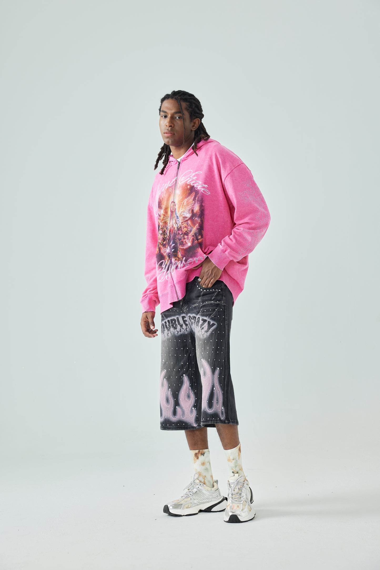 Oversized Washing Zip Up Hoodie with Angel and Cross Print Rhinestone Detail in Pink Casual Outerwear - 156P