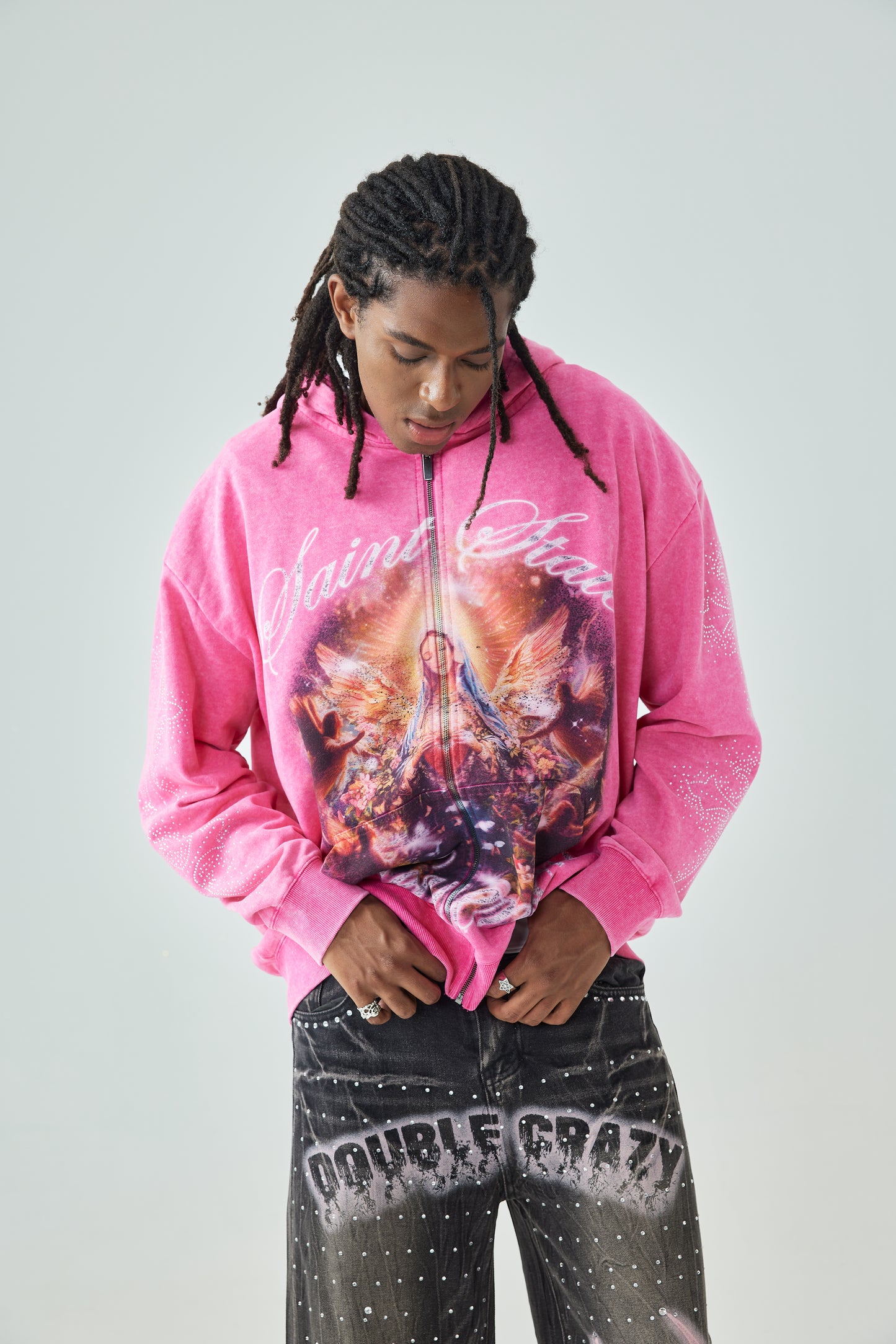 Oversized Washing Zip Up Hoodie with Angel and Cross Print Rhinestone Detail in Pink Casual Outerwear - 156P
