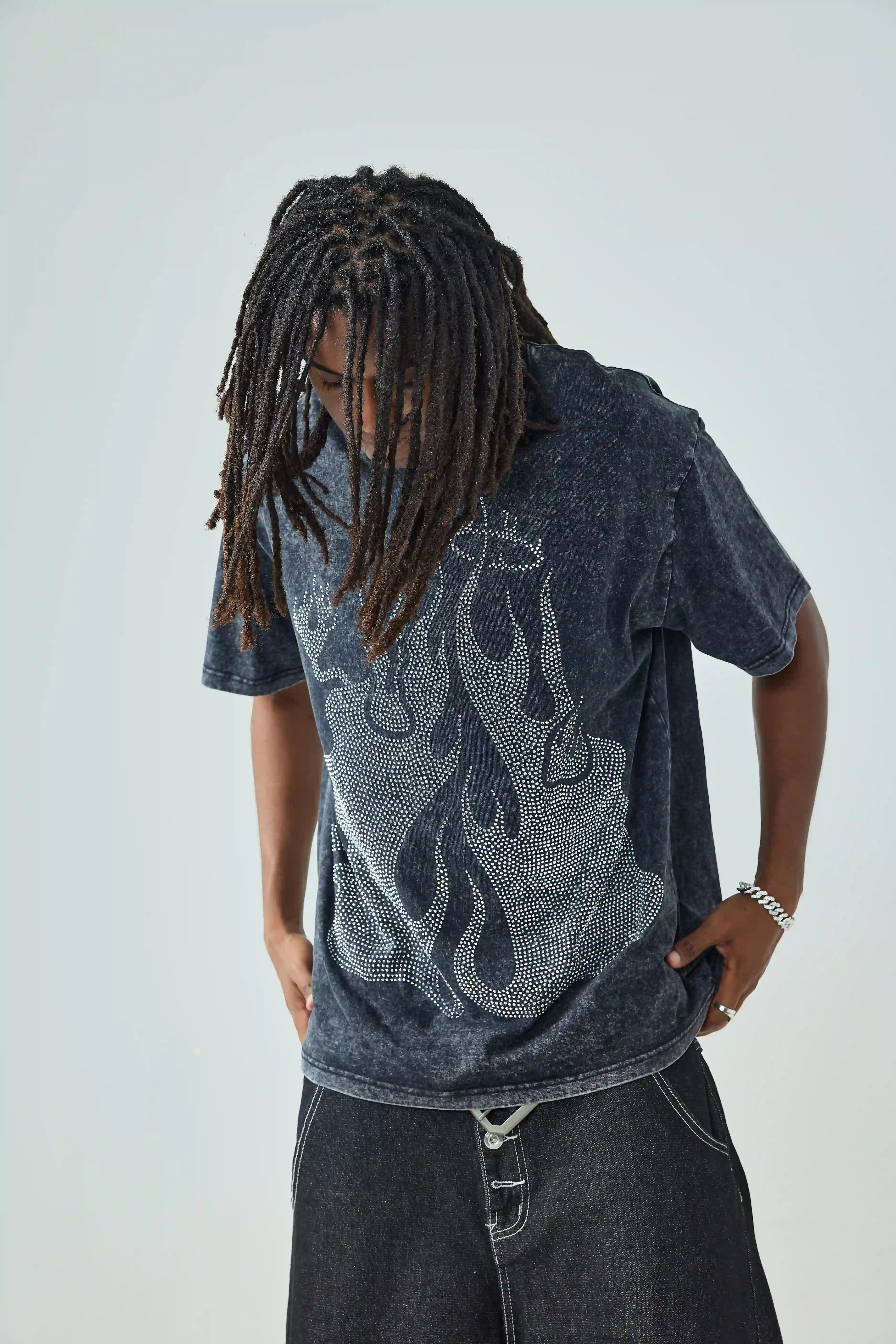 DOUBLECRAZY Flame Two-Faced Man Diamond Distressed Vintage T-shirt-044