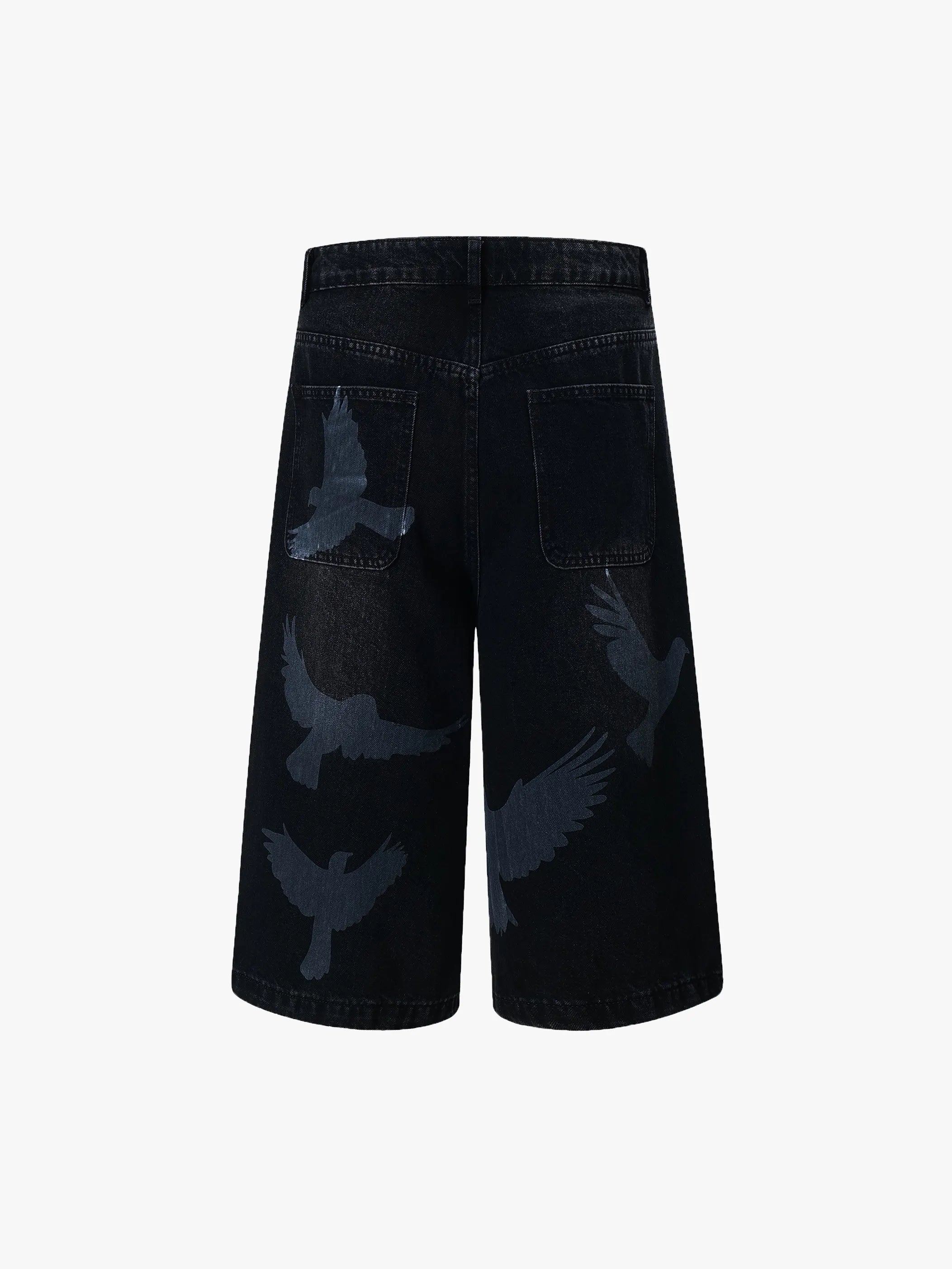 Trendy Black Denim Shorts with Bird Print Graphic Stylish Streetwear Casual Bermuda Pants - S966
