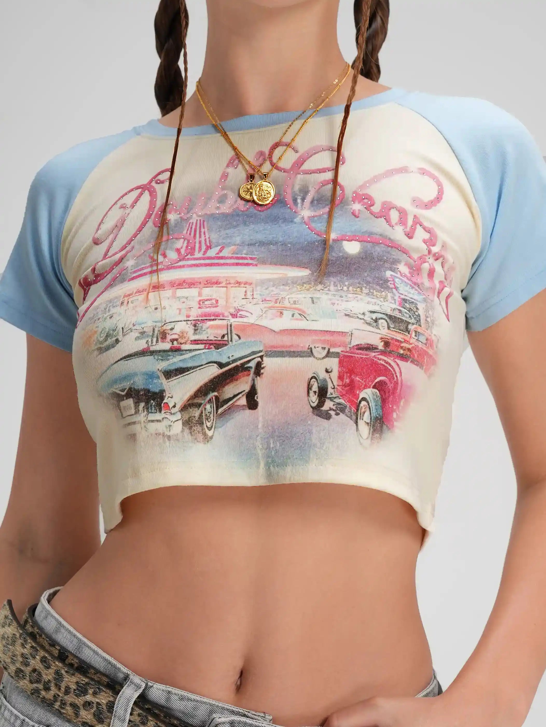 Top corto estilo retro con brillos para coche-620