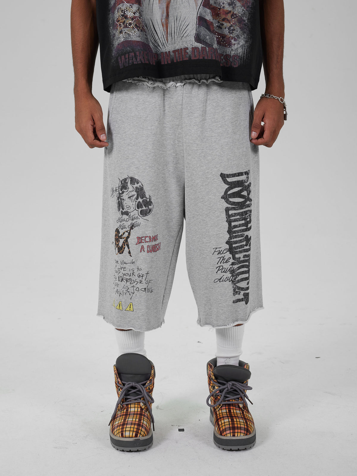 Faded Gothic Text Raw Shorts-736