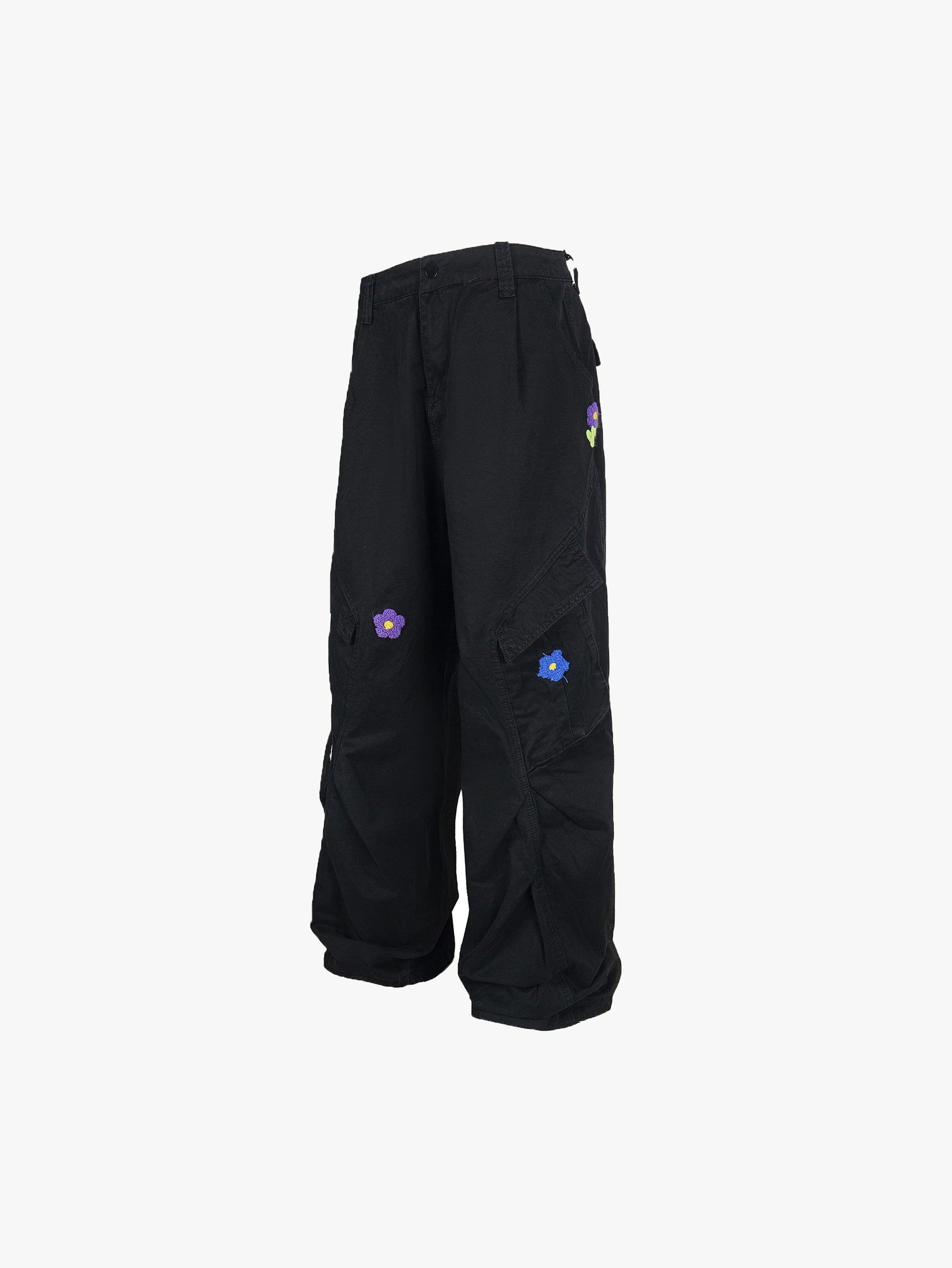 Double Crazy Floral Embroidered Denim Pants with Side Pockets Trendy Streetwear Casual Loose Fit