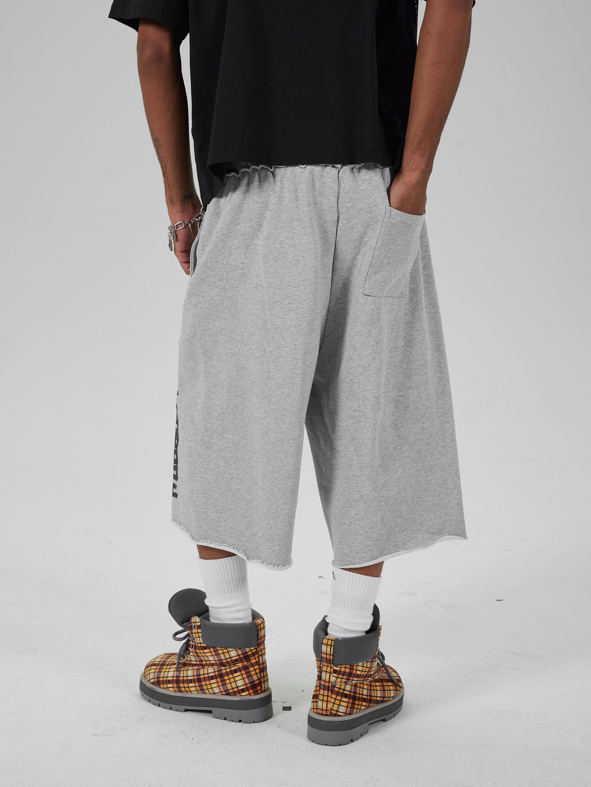 Faded Gothic Text Raw Shorts-736
