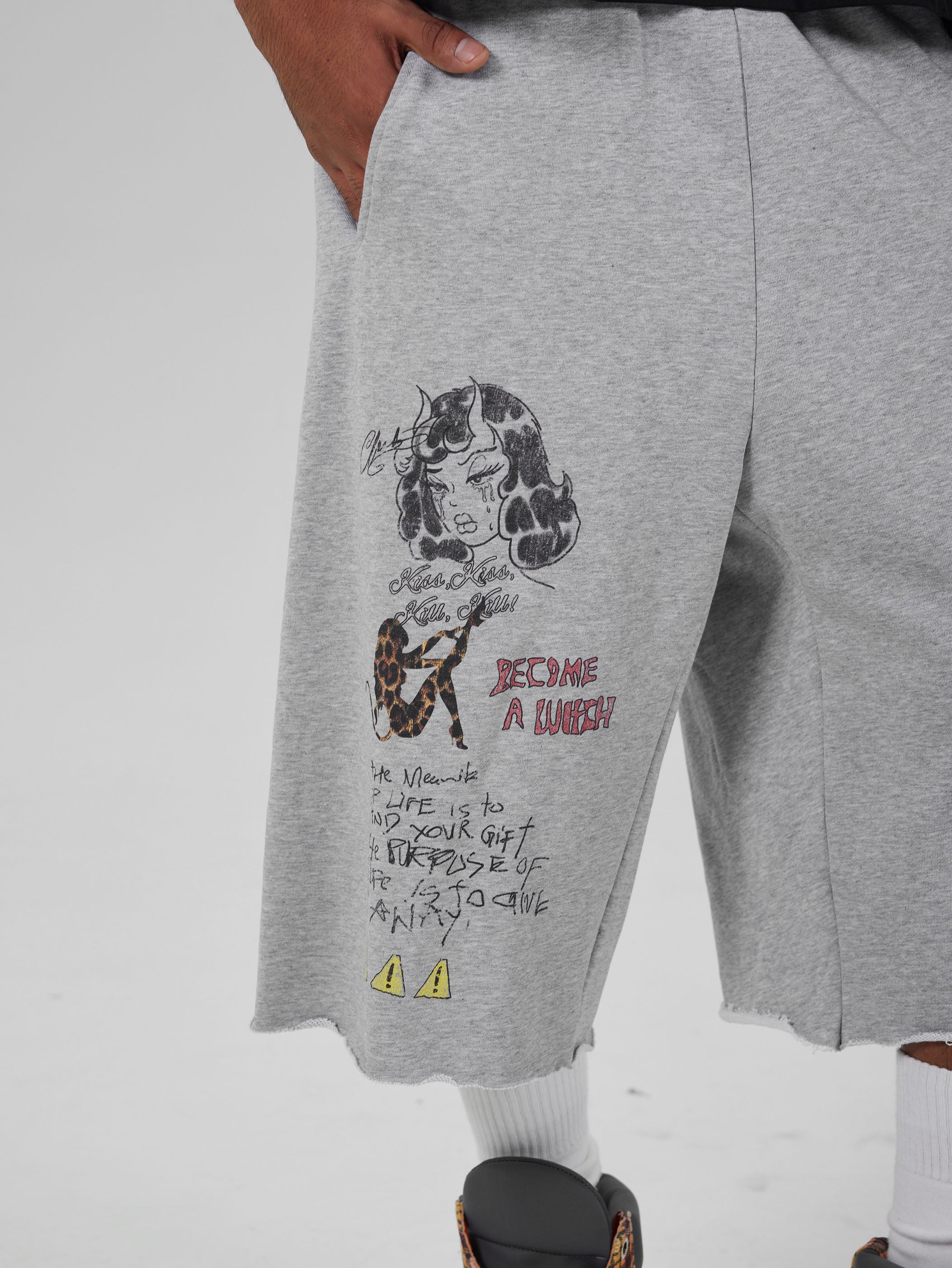 Faded Gothic Text Raw Shorts-736