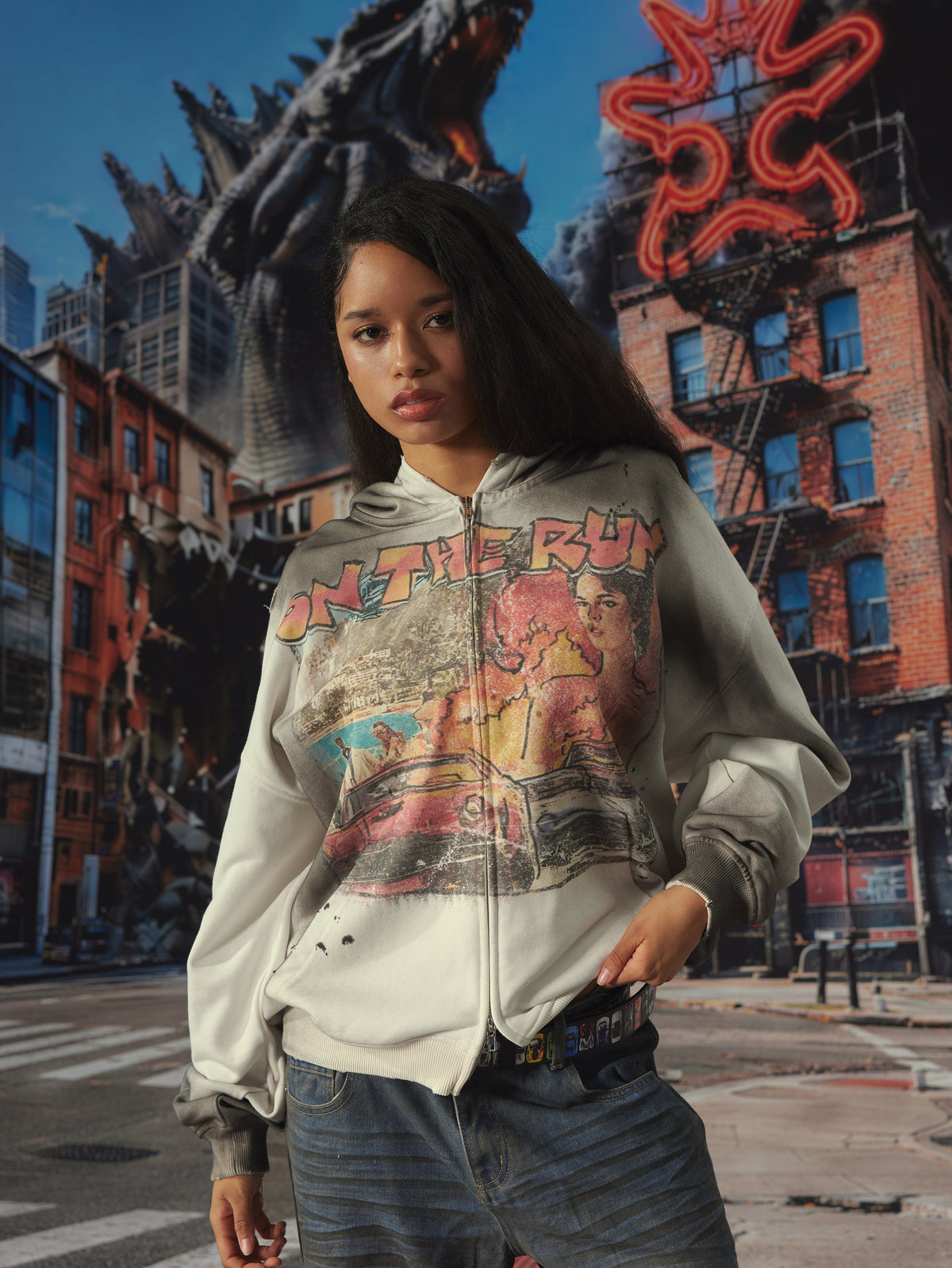 Faded Retro Car Zip Hoodie-706