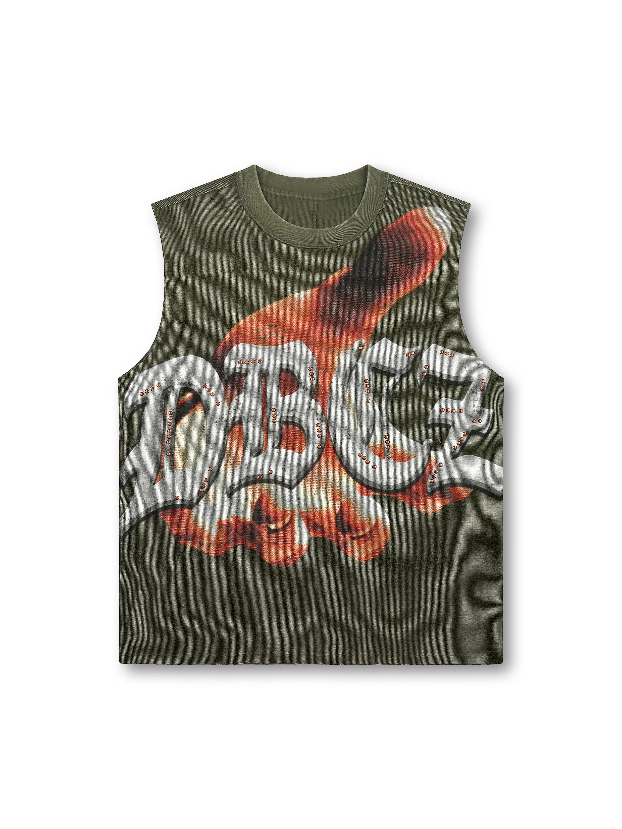 Camiseta sin mangas con tachuelas estilo punk con dobladillo sin rematar-575