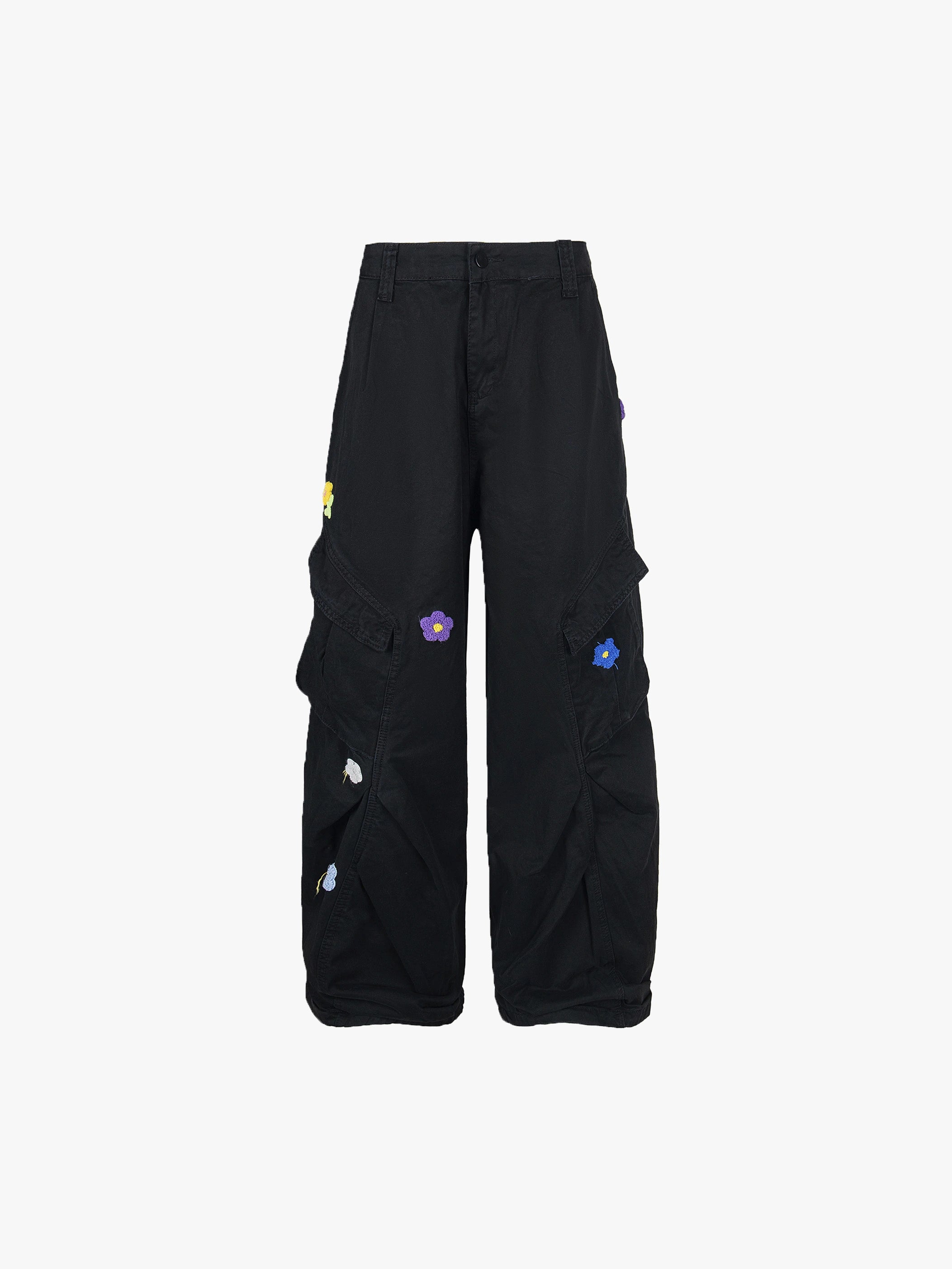 Double Crazy Floral Embroidered Denim Pants with Side Pockets Trendy Streetwear Casual Loose Fit