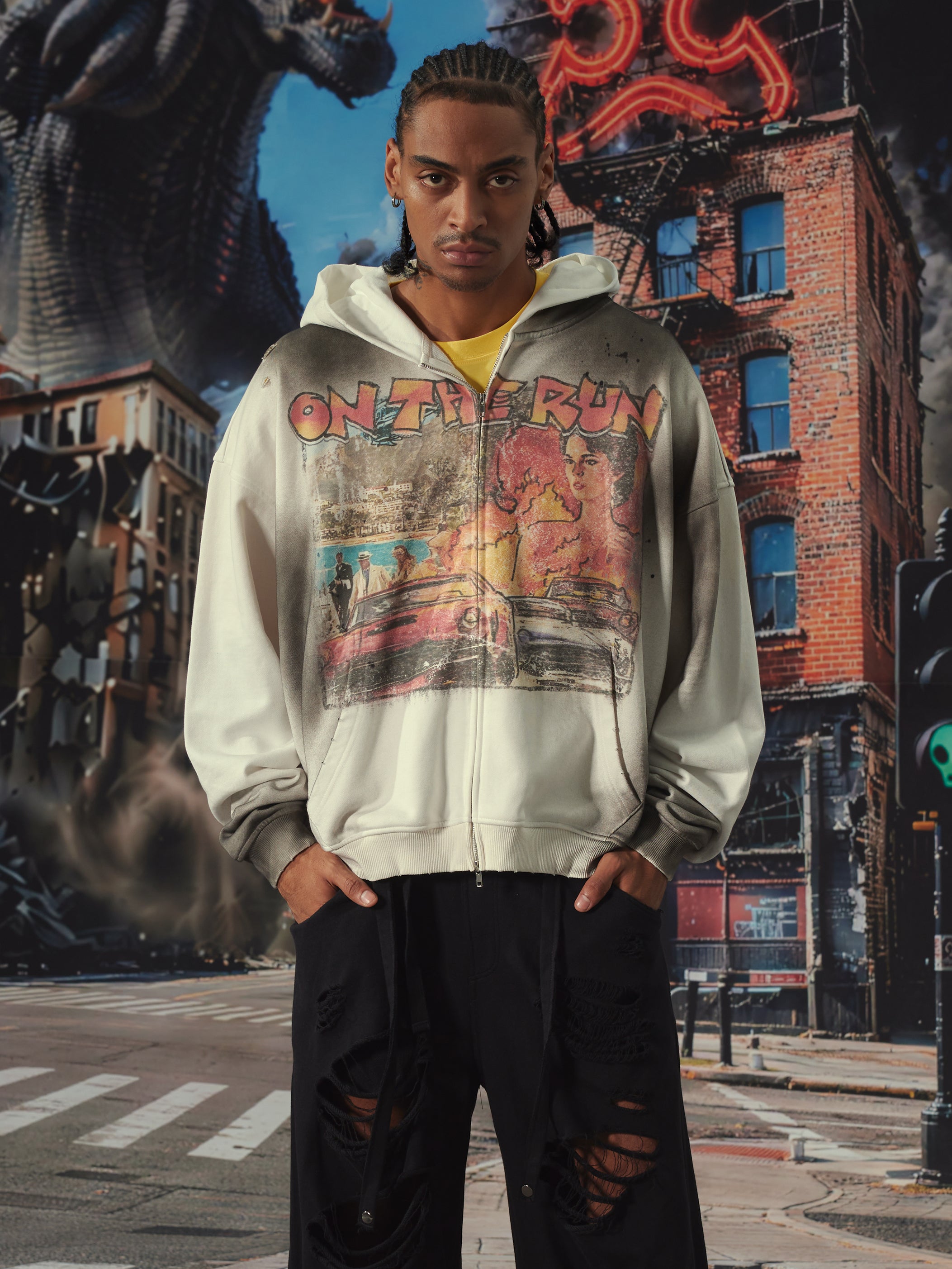 Faded Retro Car Zip Hoodie-706