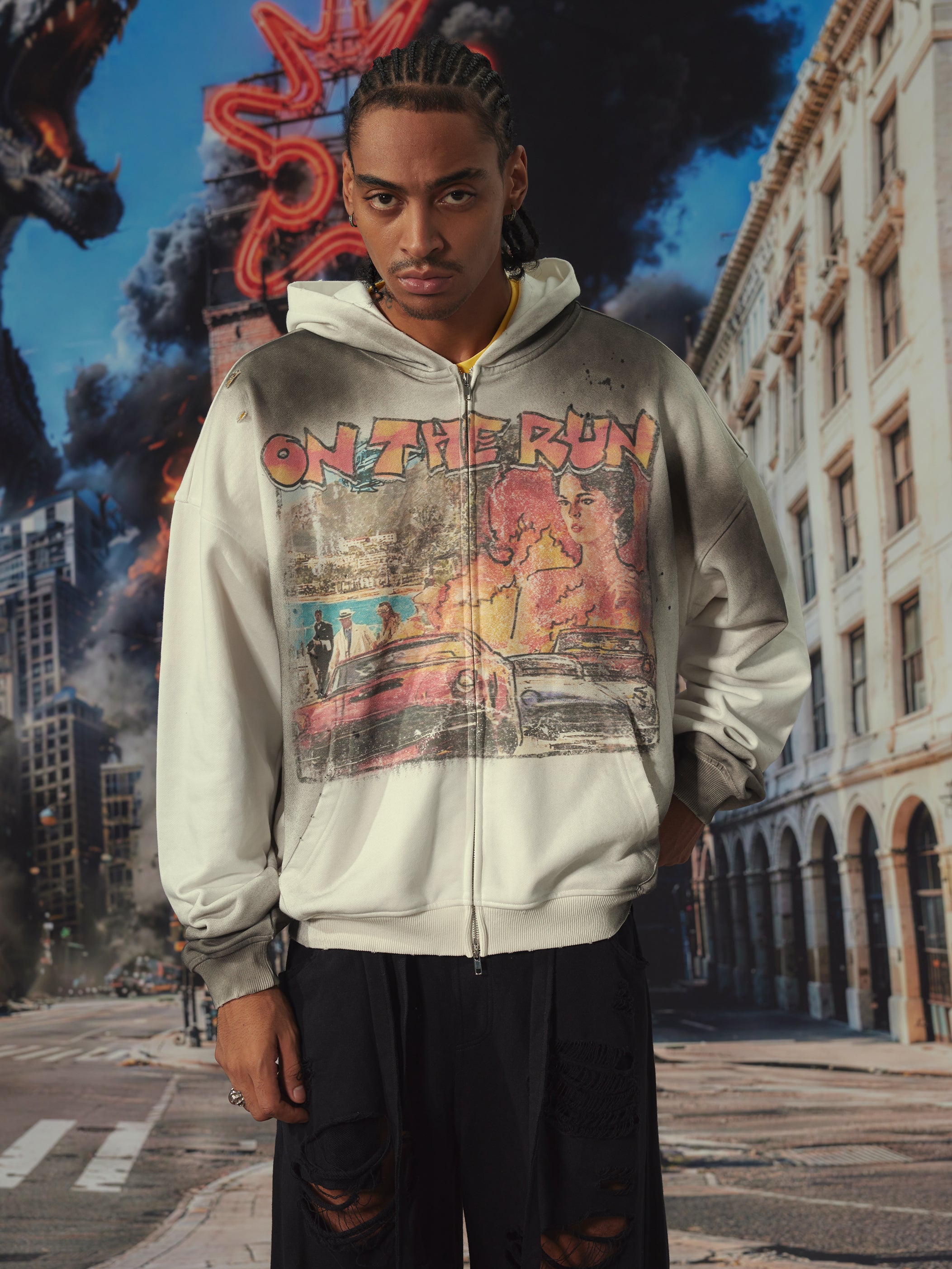 Faded Retro Car Zip Hoodie-706