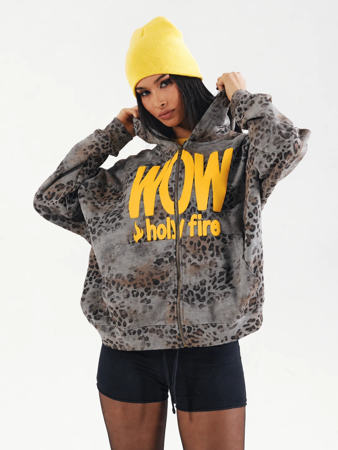 Sudadera con capucha y contraste de leopardo WOW-770