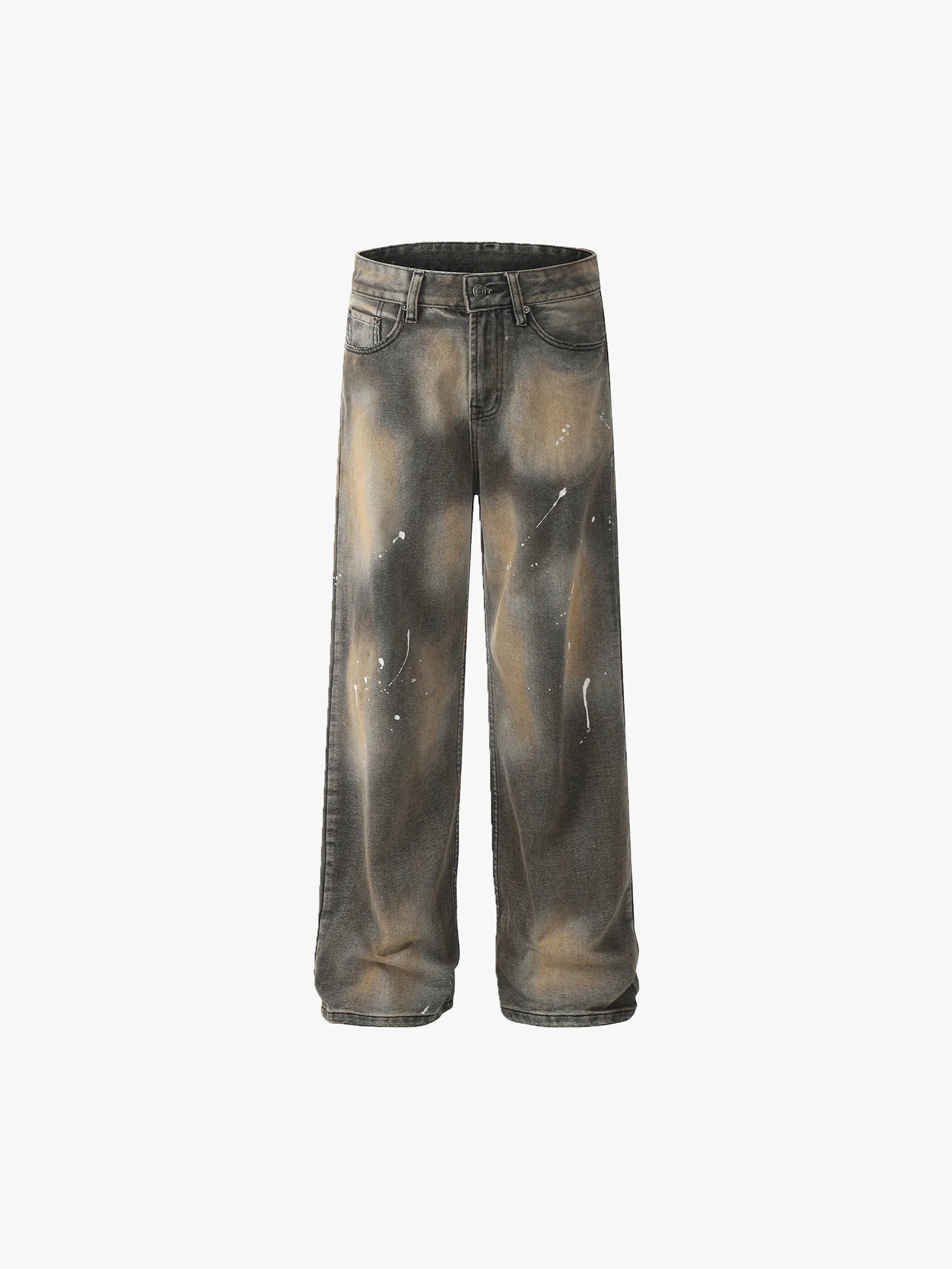 Functionally Stylish Distressed Wide-Leg Denim Pants with Paint Splatter Design Trendy Streetwear Fashion - S984