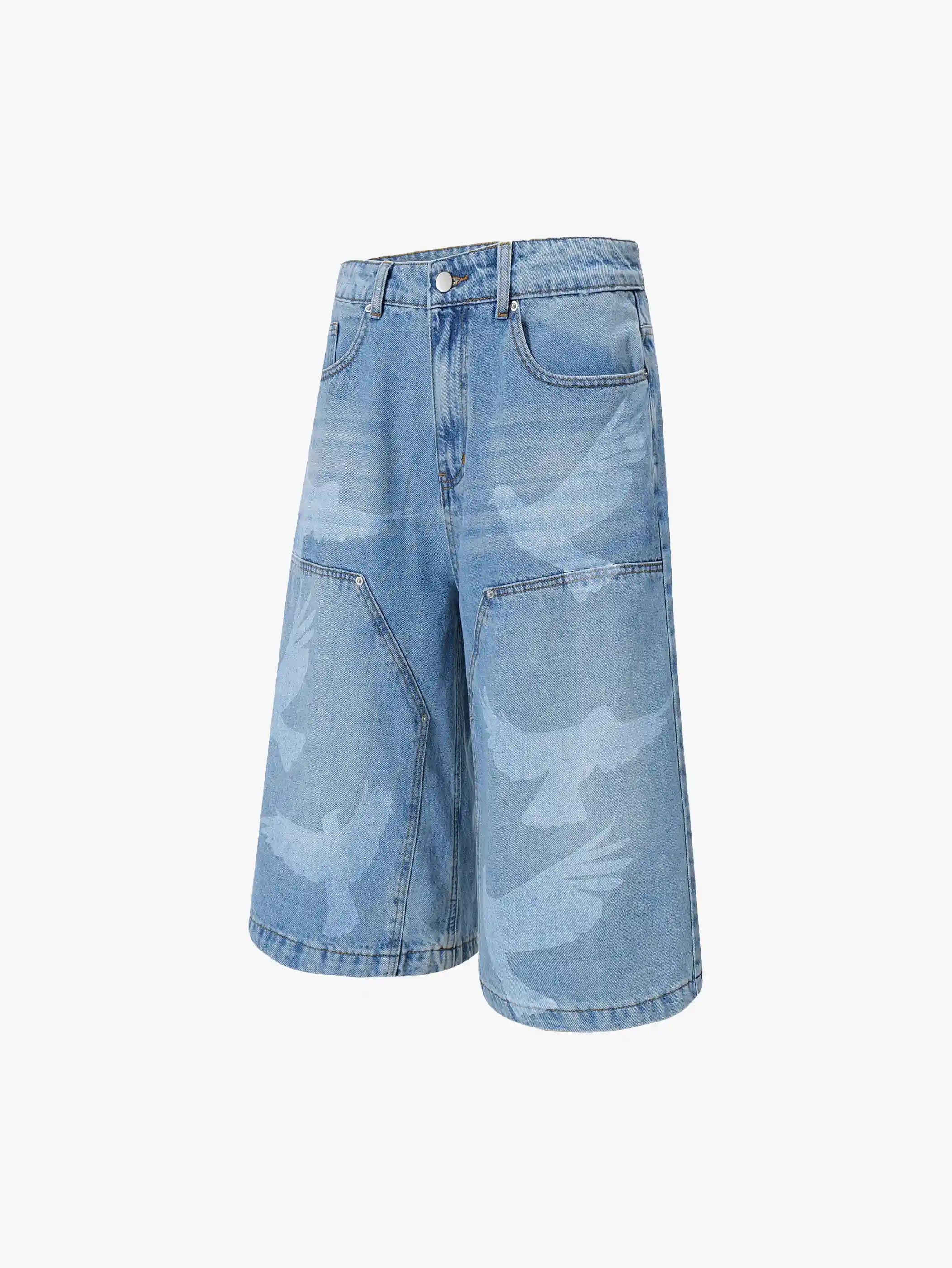 Trendy Black Denim Shorts with Bird Print Graphic Stylish Streetwear Casual Bermuda Pants - S966