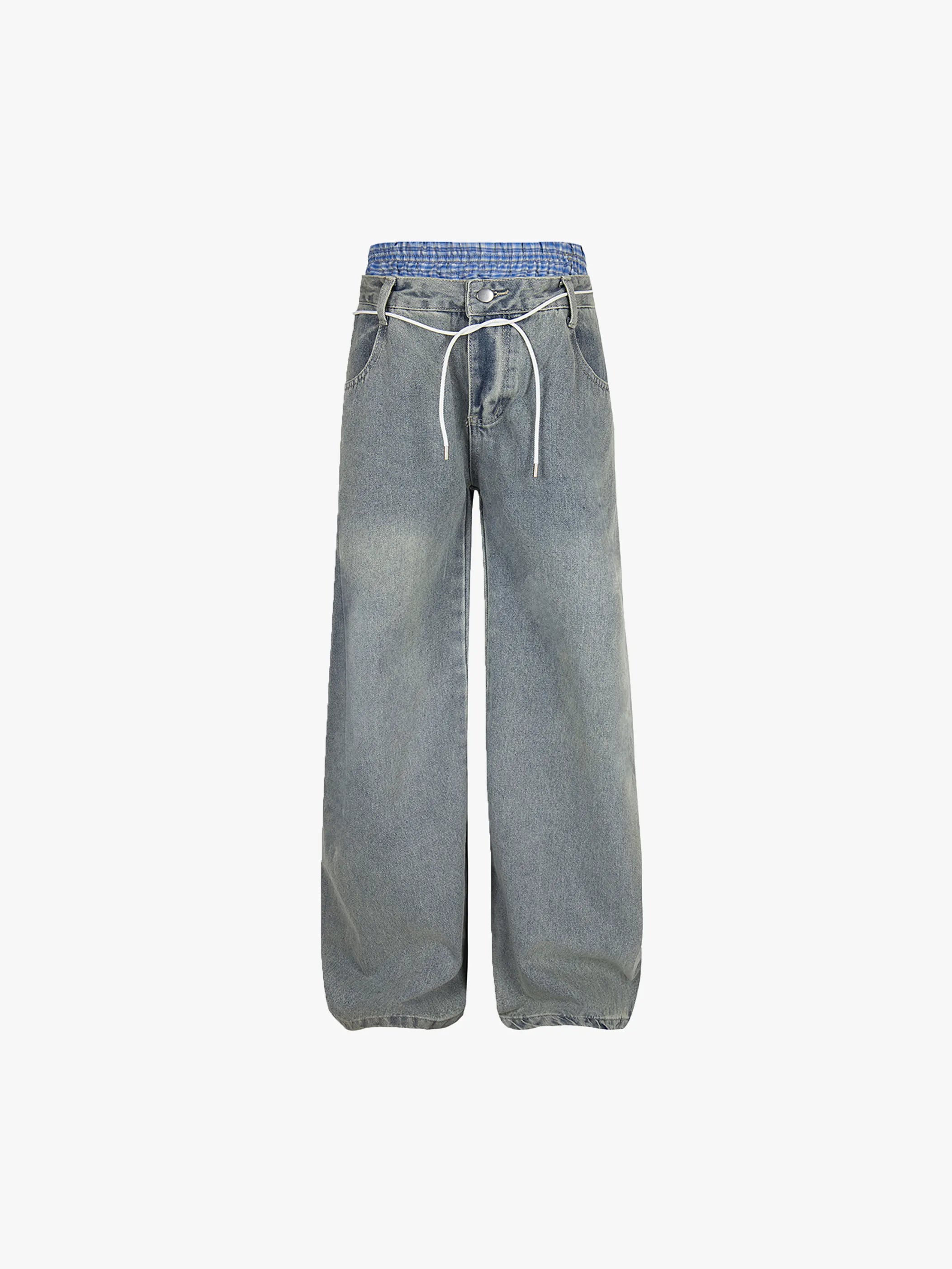 New Style Casual Wide-Leg Denim Pants with Drawstring Waist Trendy Relaxed Fit Streetwear Jeans