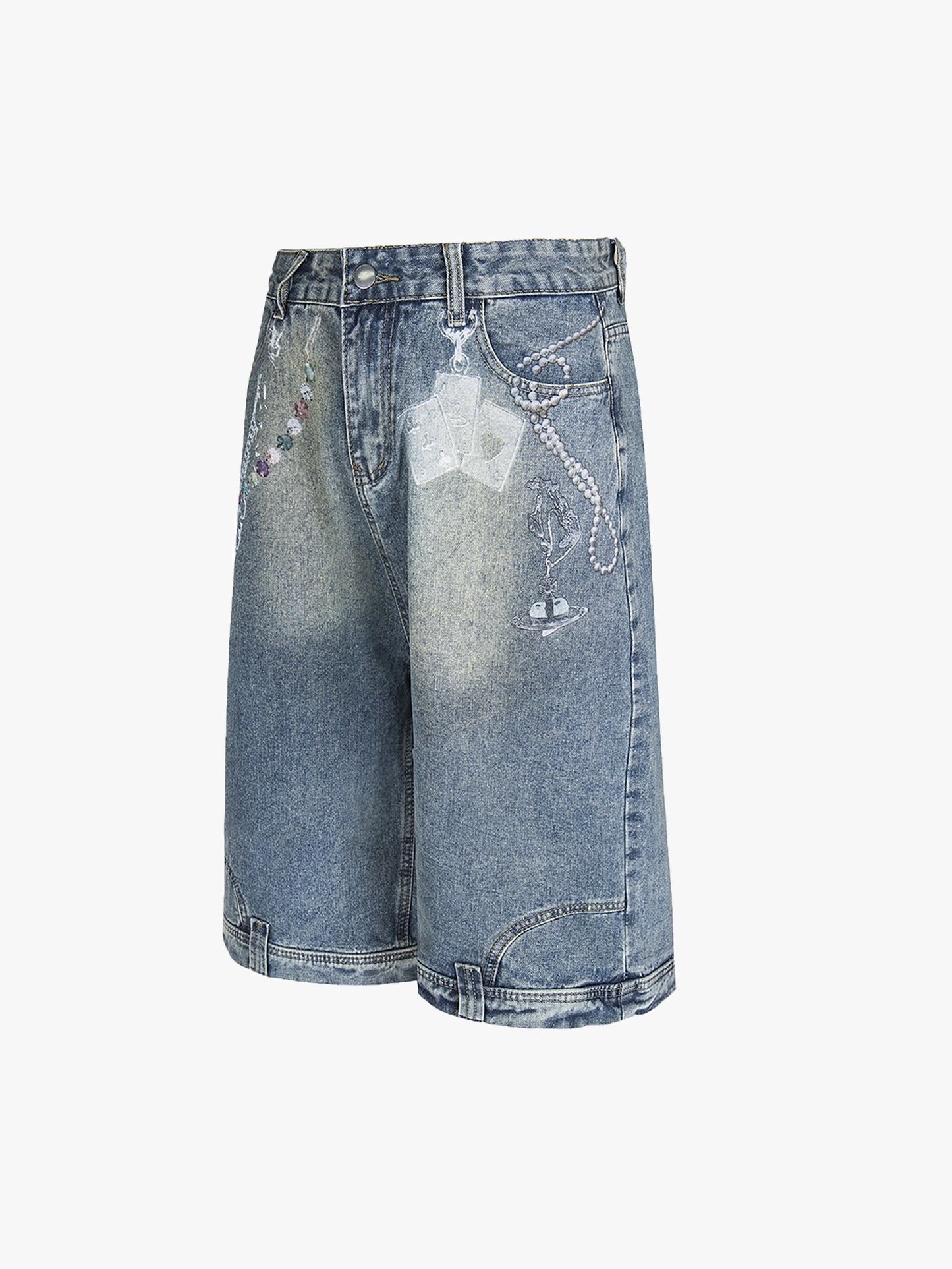 Chain Print Denim Shorts Unisex Streetwear Poker Graphic Loose Pants-S1014