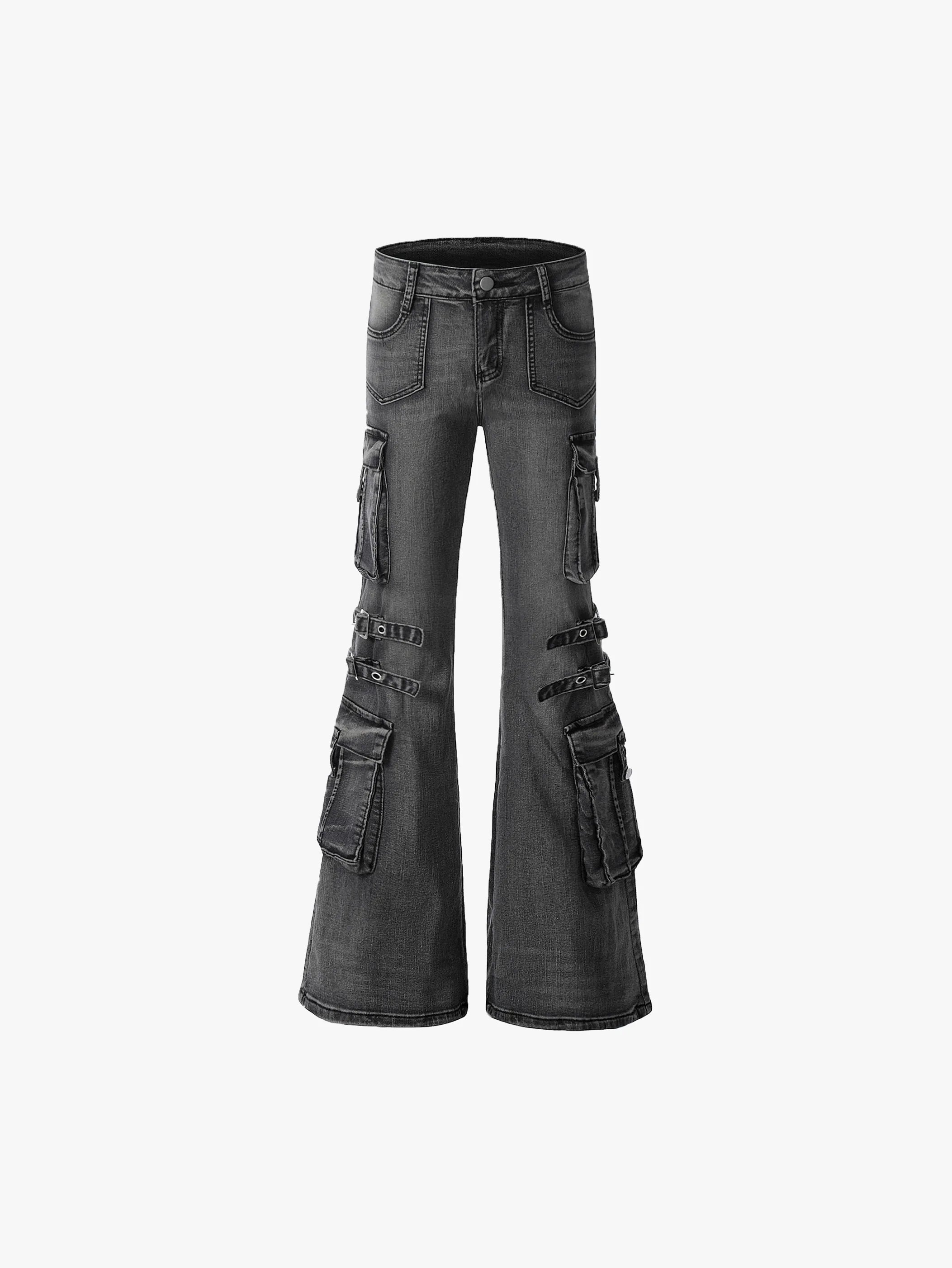 Distressed Cargo Denim Pants with Adjustable Buckled Straps for a Bold Look - S995