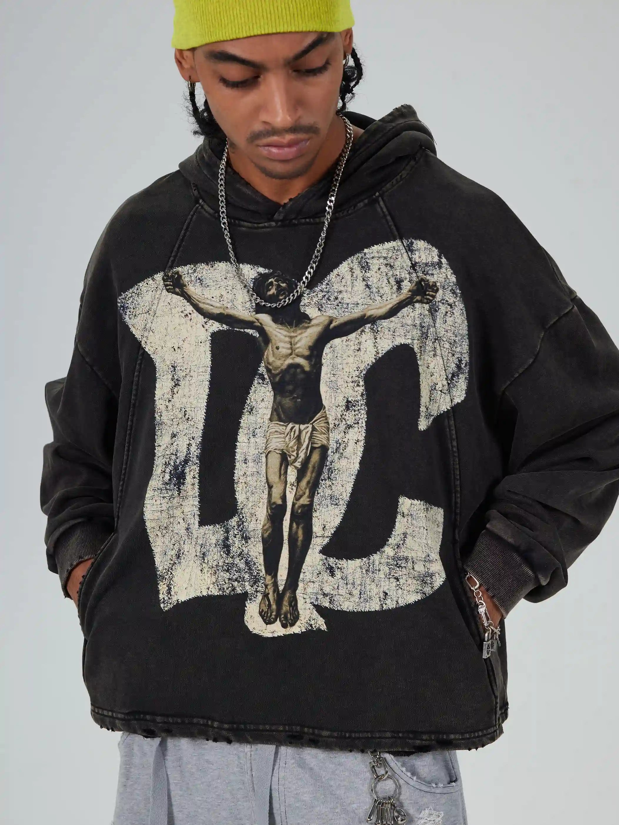 Vintage Savior Print Boxy Hoodie-719
