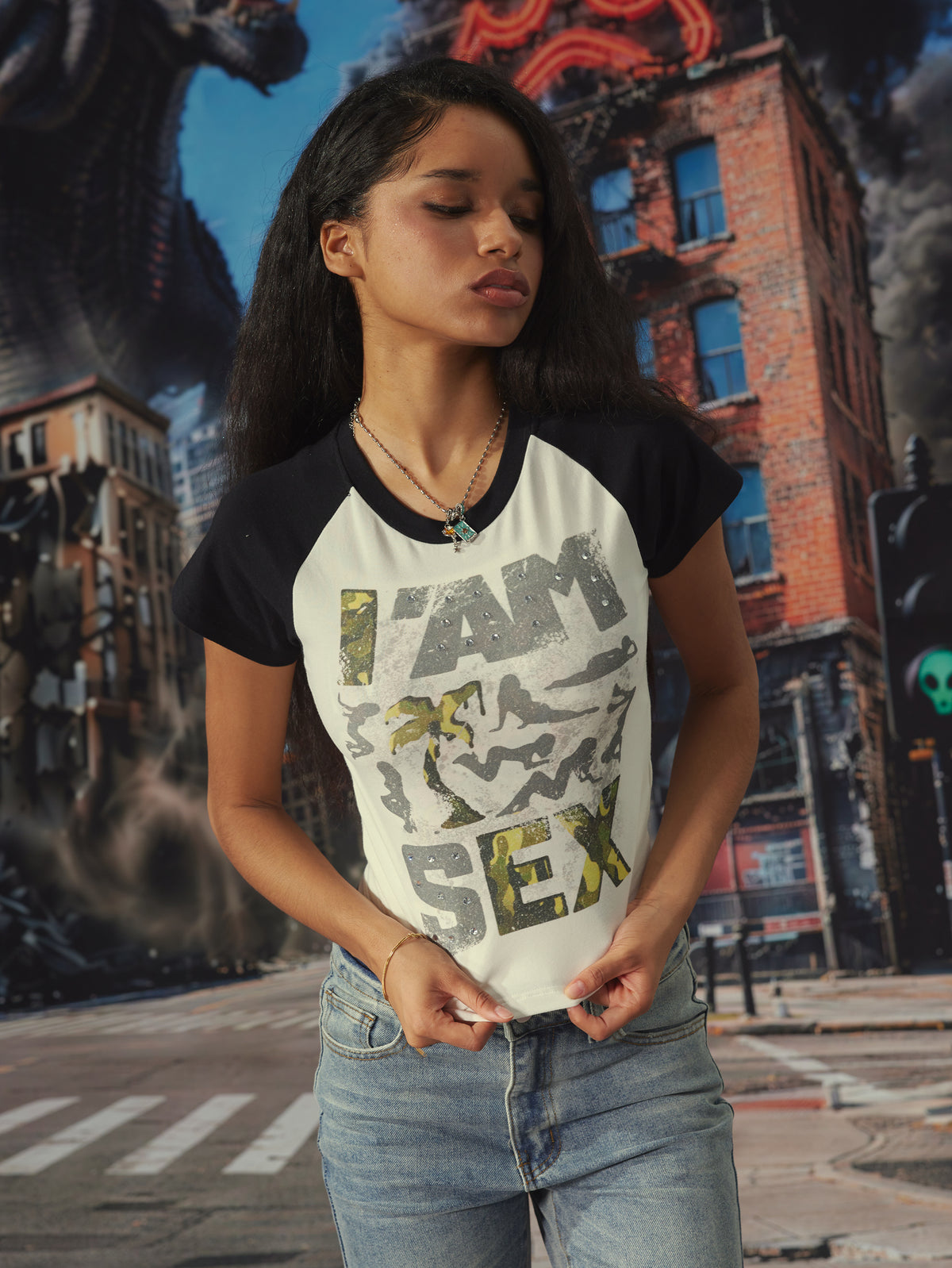 Studded Camo Pin-up Baby Tee-632