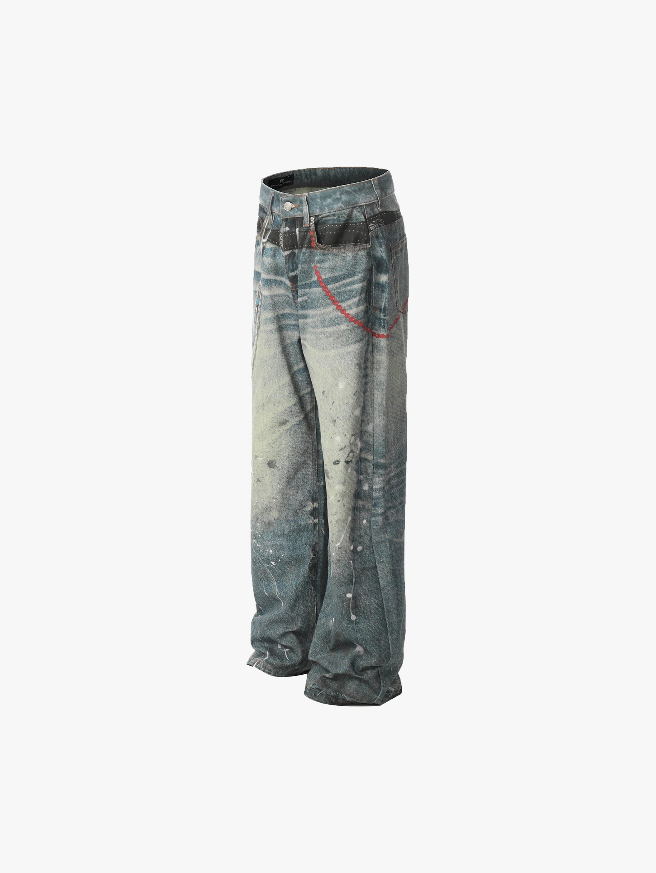 Double Crazy Trendy Streetwear Fashion Trousers Distressed Denim Pants with Chain and Paint Splatter Design - S982