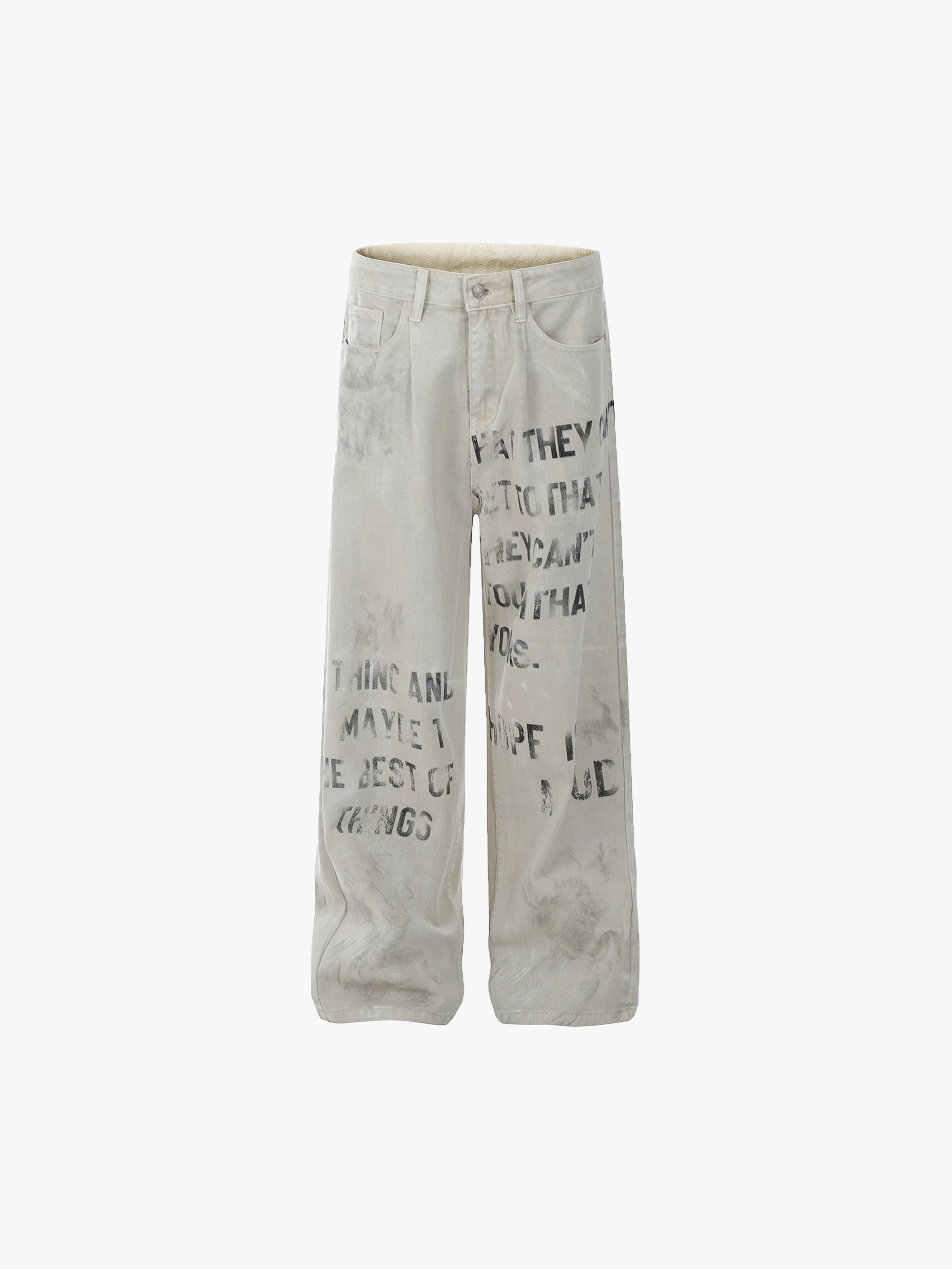 New Arrival Wide-Leg Denim Pants with Graphic Text Print Trendy Streetwear Fashion Trousers - S981