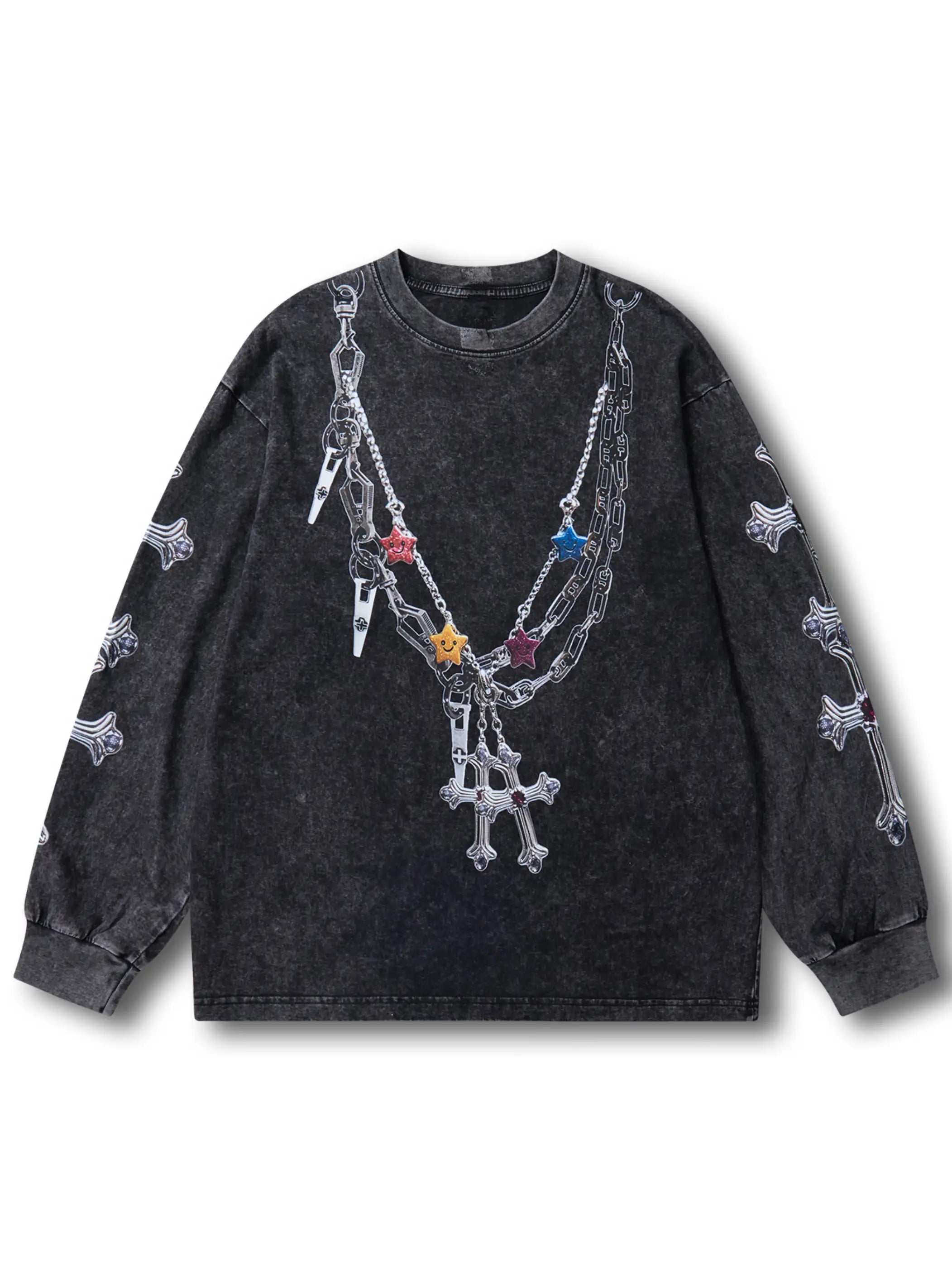 T-shirt grunge tendance avec motif chaîne et croix coloré pour un style urbain audacieux