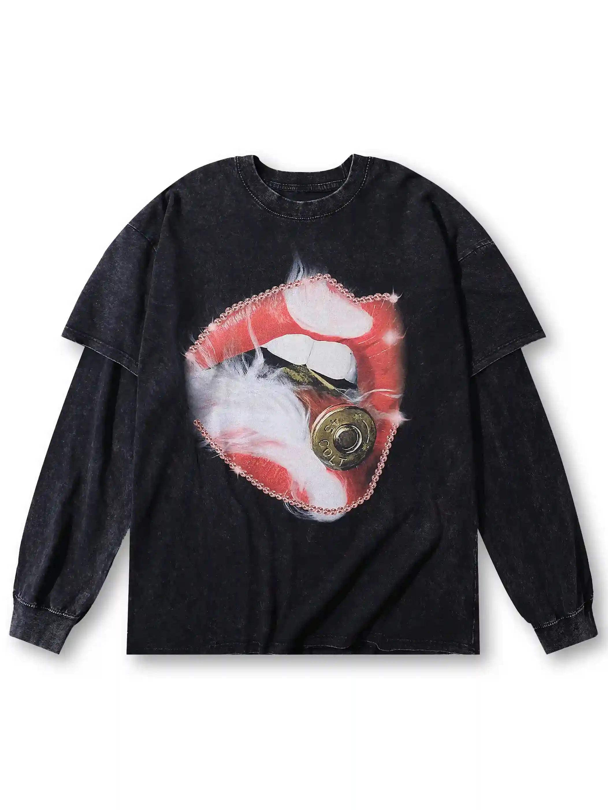 Edgy Red Lip Bullet Detail T-shirt-108