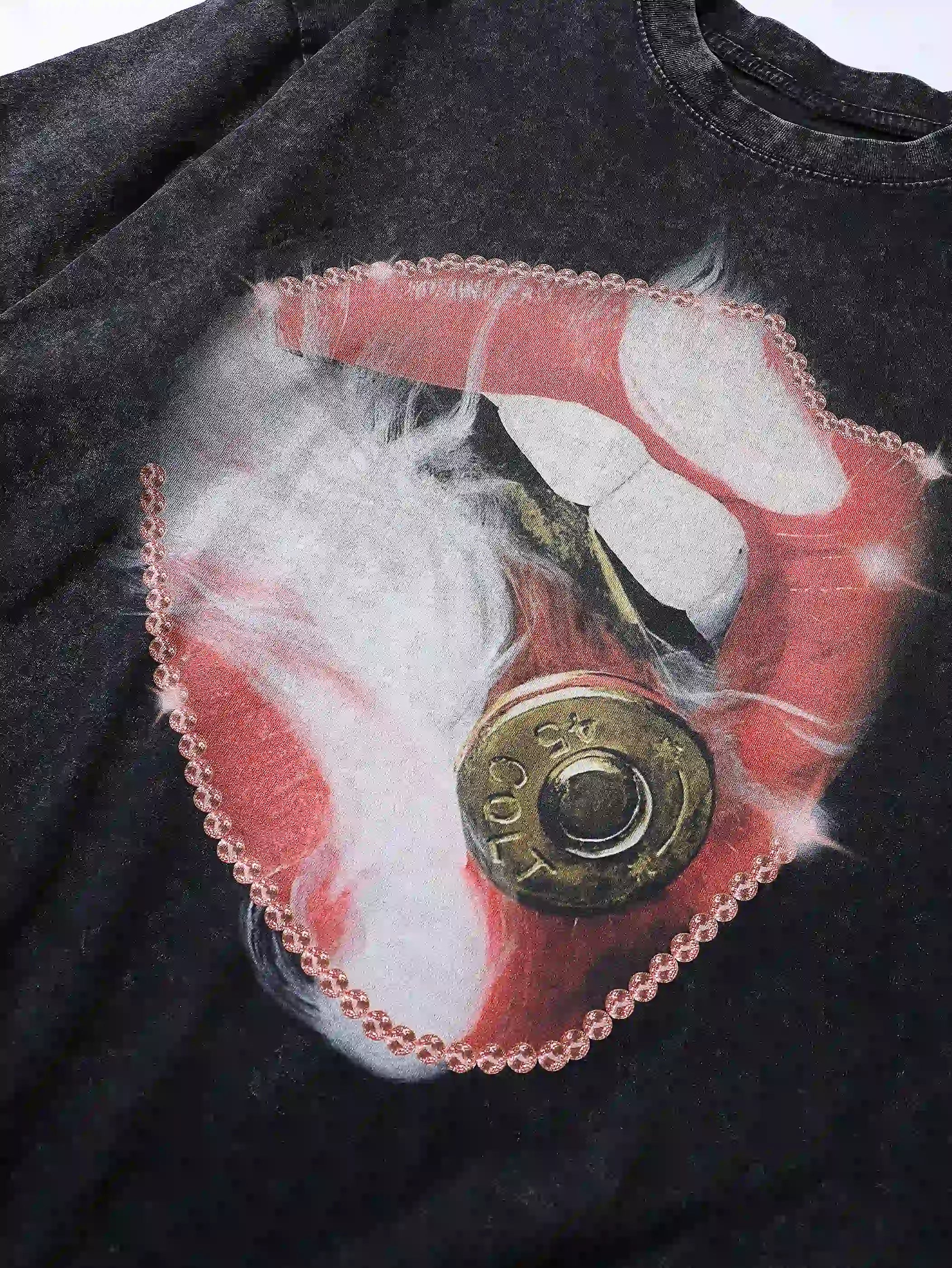 Edgy Red Lip Bullet Detail T-shirt-108