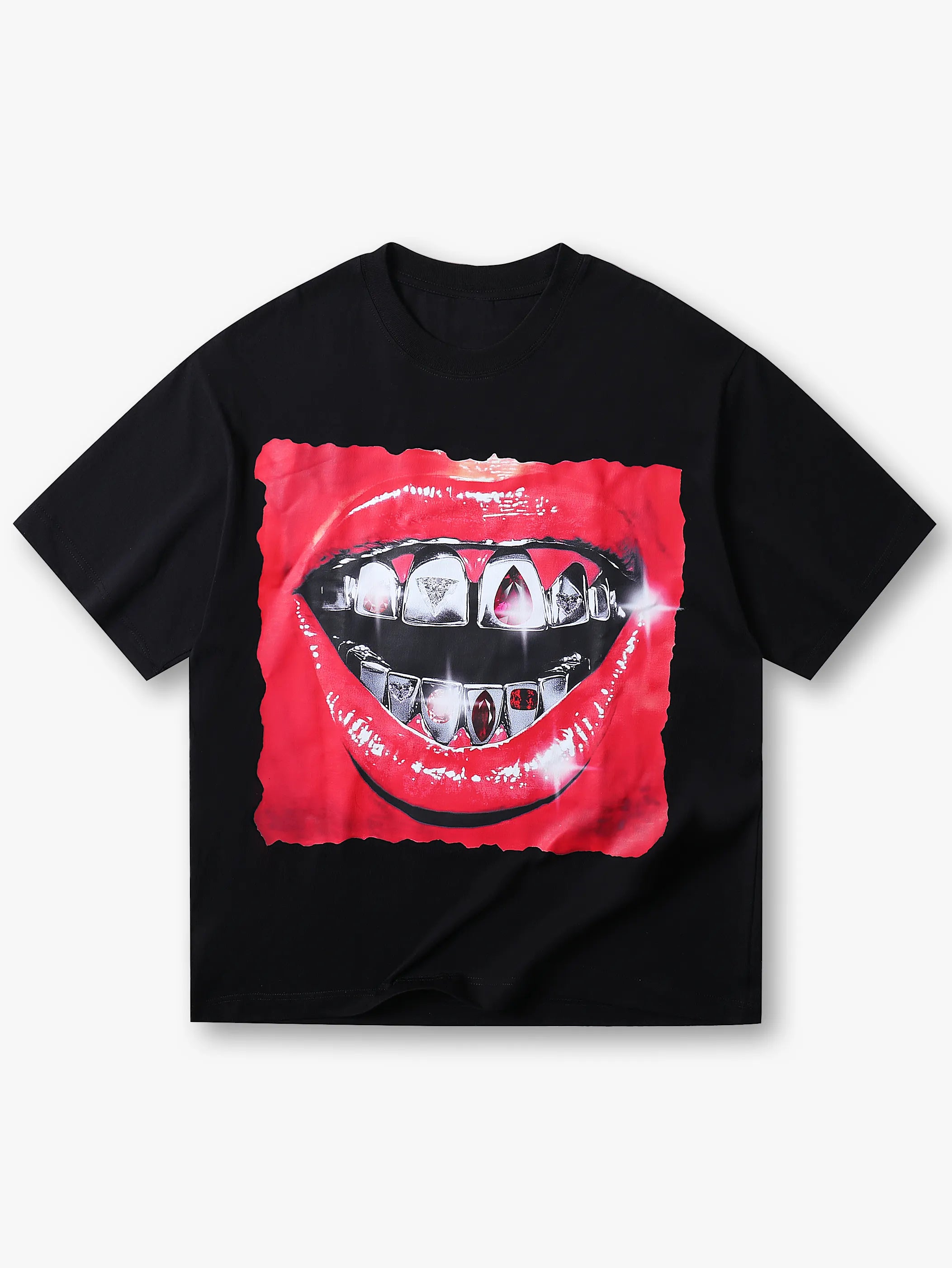 T-shirt graphique de luxe Diamond Grillz Mouth noir style streetwear mode hip-hop