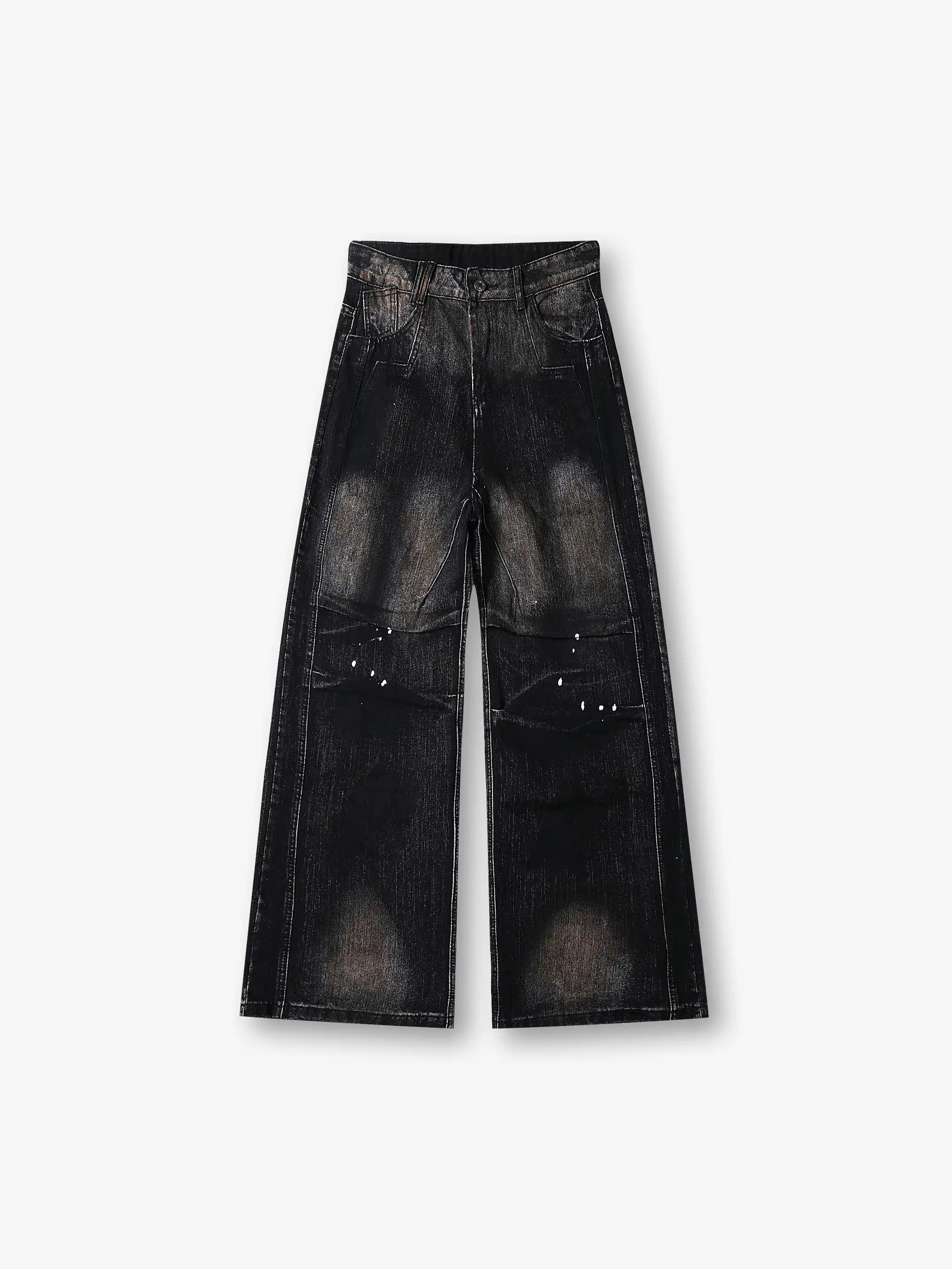 Pantalon en denim gris délavé avec empiècements avant superposés subtilement vieillis, coupe large