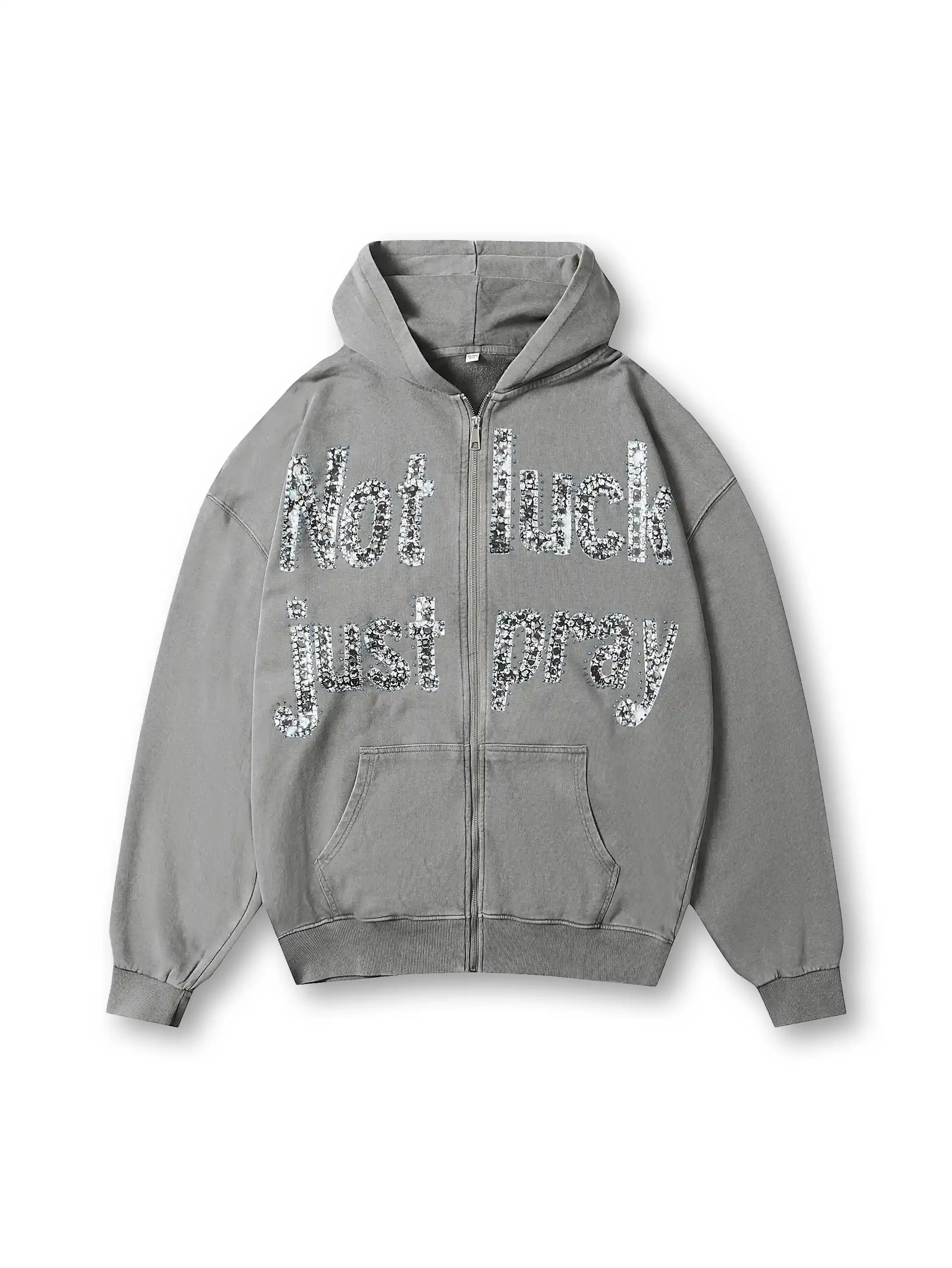Sudadera con capucha gris Double Crazy con gráfico de texto "Not Luck Just Pray" de cristal