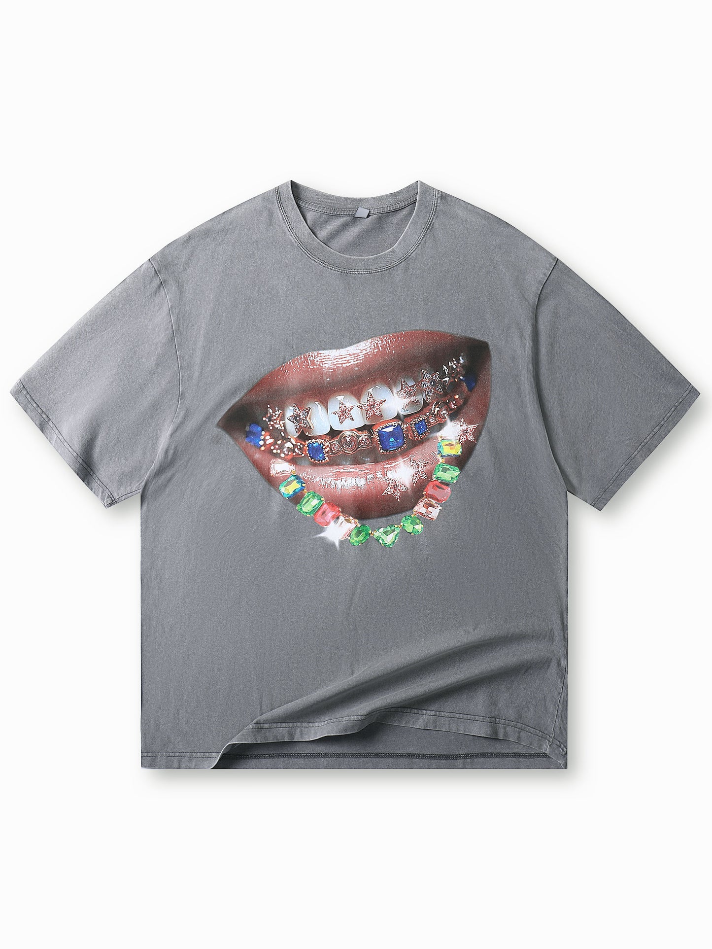 Gray Oversized T-Shirt Bold Lip Graphic Print Unisex Casual Streetwear Tee - 015