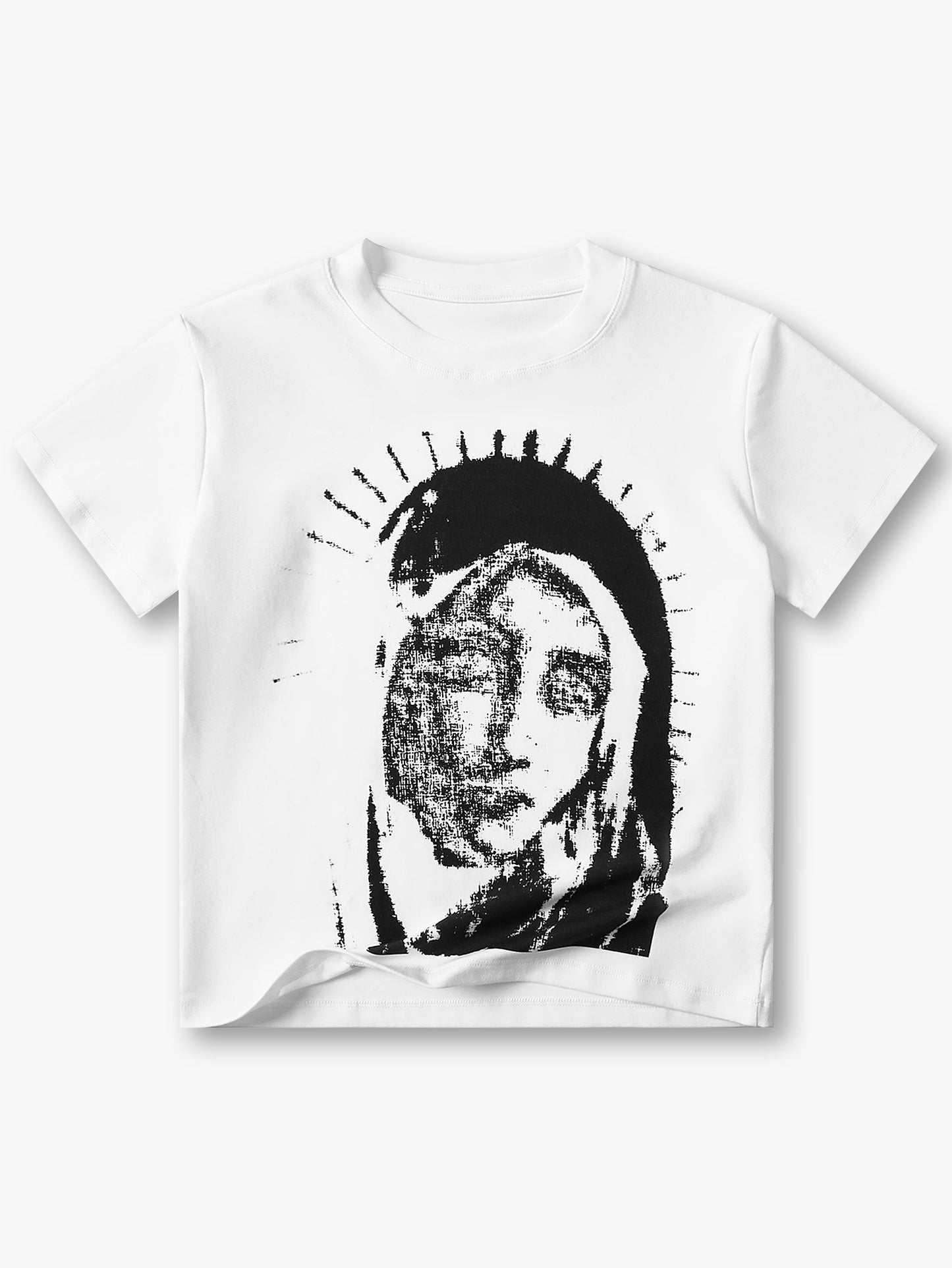 Streetstyle Women Graphic Tee with Virgin Mary Print Religious Art Black and White Unisex Fashion - 140