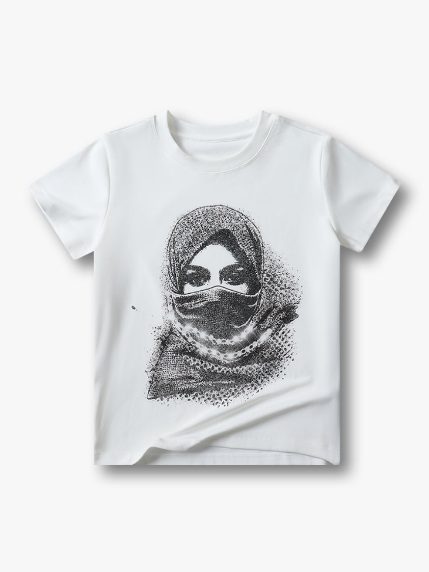 Double Crazy White Graphic Tee with Artistic Portrait Print Casual Short Sleeve Top for Girls - 154