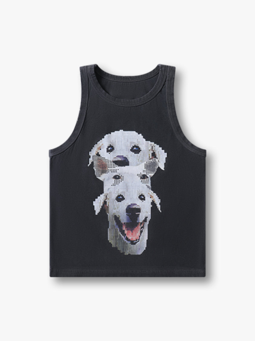 Graphic Tank Top with Pixelated Puppy Print Trendy Casual Streetwear Summer Sleeveless Top - 151