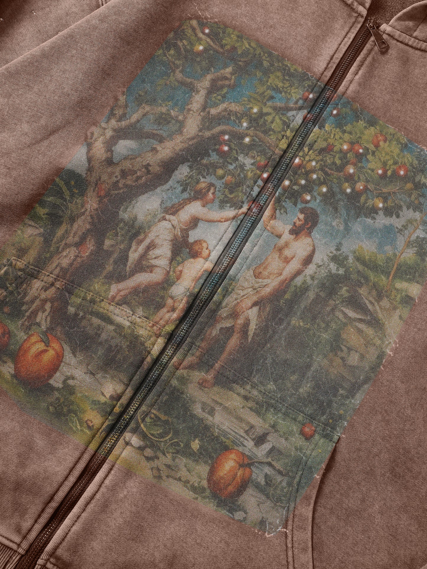 Vintage Art Printed Zip Up Hoodie Unisex Brown with Gemstone Detailing and Biblical Garden of Eden Print Casual Outerwear - 153