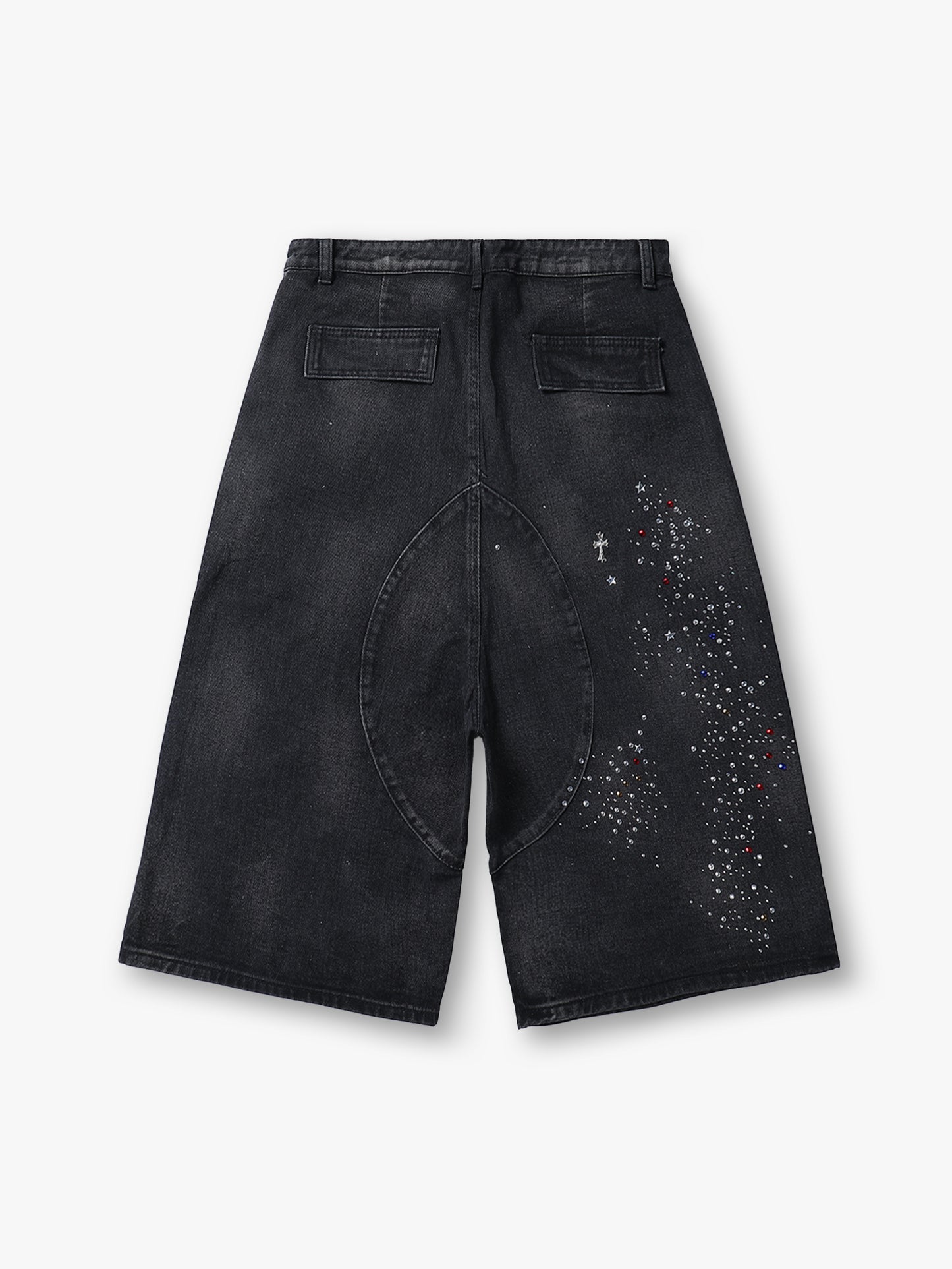 Sparkle Style Black Denim Shorts High Waist Loose Fit Rhinestone Embellished Streetwear-S1033