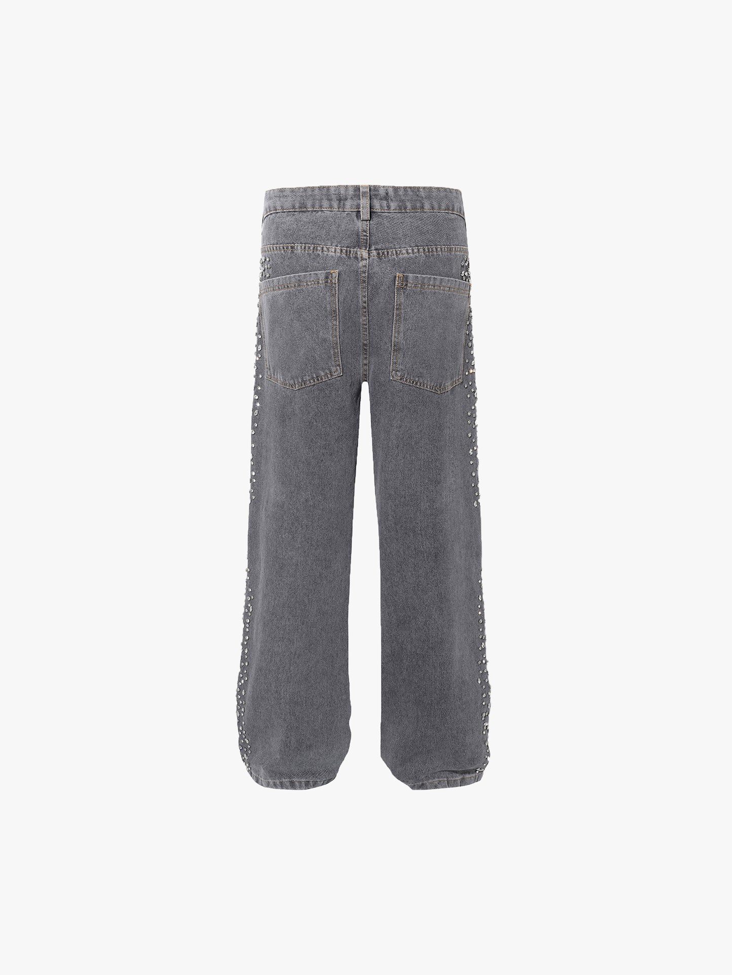 Casual Street Style High Waisted Wide Leg Jeans with Crystal Embellishments Light Blue Denim