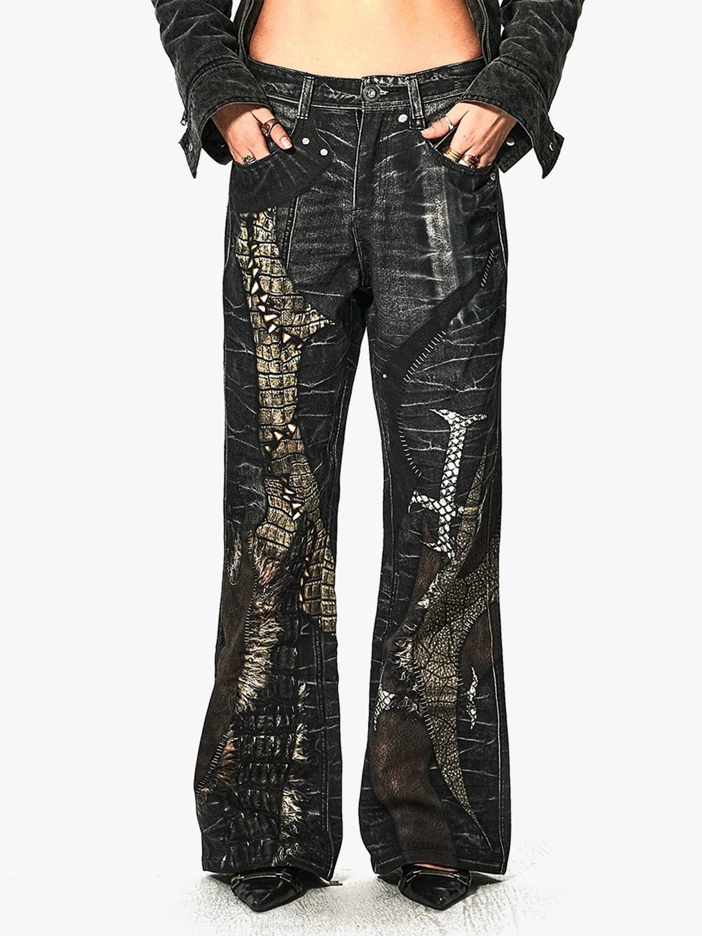 Printed Flared Denim Pants with Distressed Design Trendy Streetwear Fashion