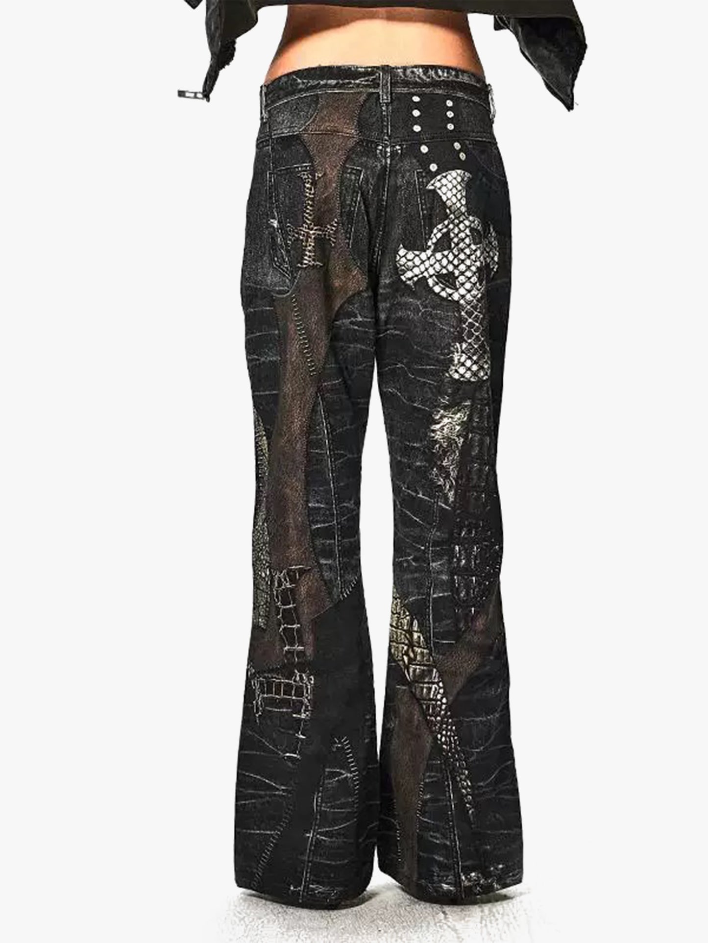 Printed Flared Denim Pants with Distressed Design Trendy Streetwear Fashion