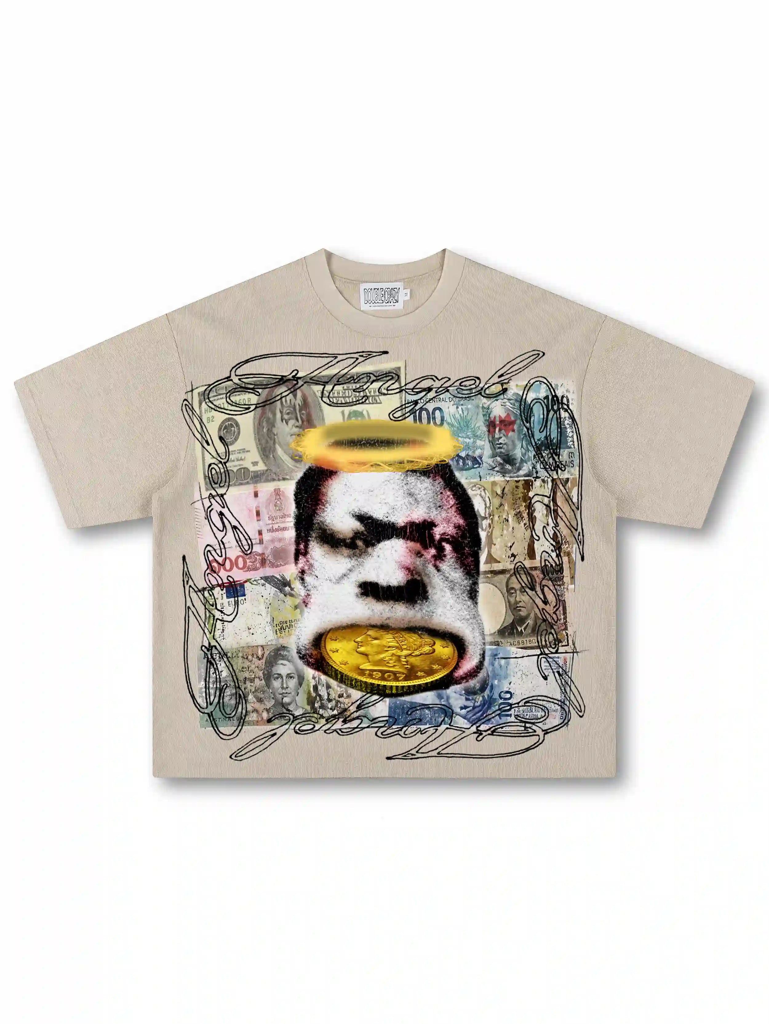 Camiseta de Algodón Grueso Cuello Redondo Currency Vintage-557