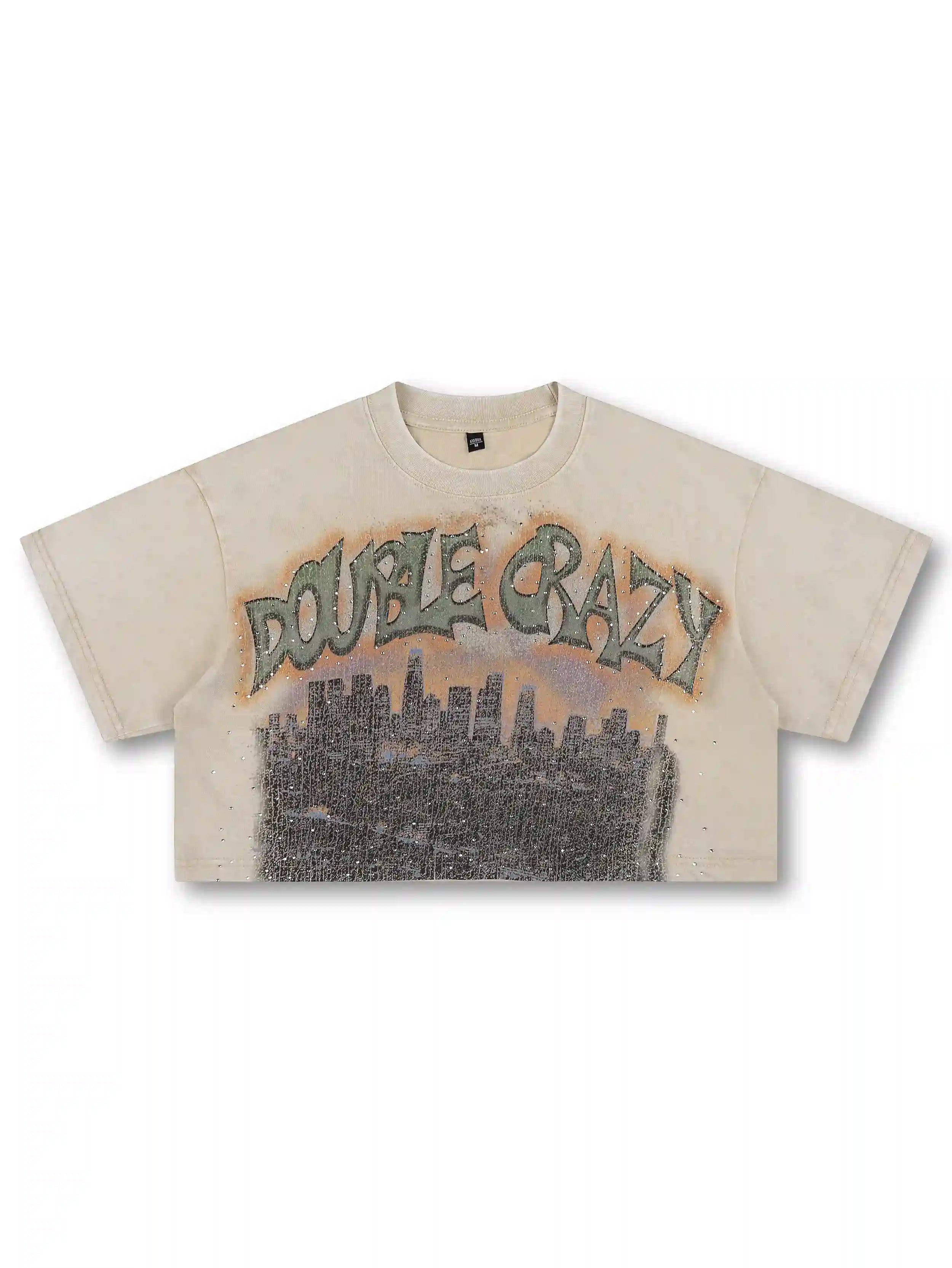 Camiseta corta Boxy con estampado Skyline de L.A. y pedrería-541