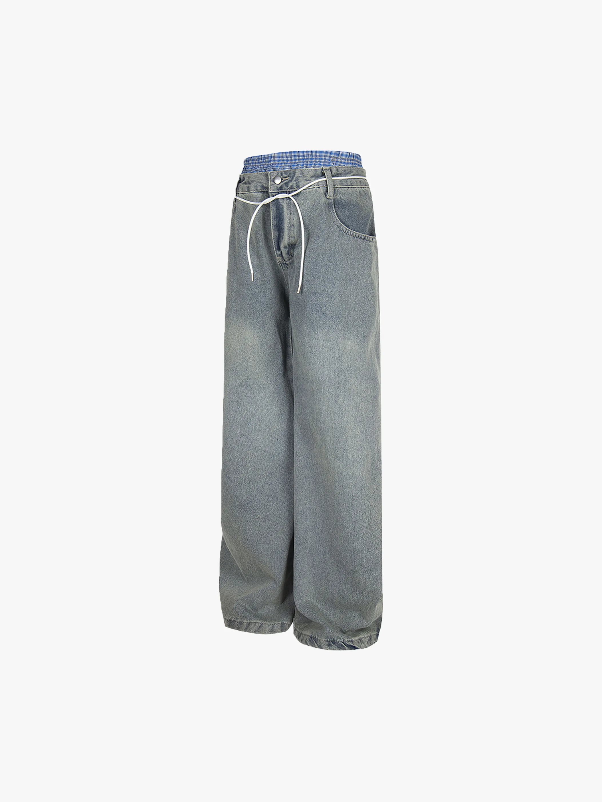 New Style Casual Wide-Leg Denim Pants with Drawstring Waist Trendy Relaxed Fit Streetwear Jeans