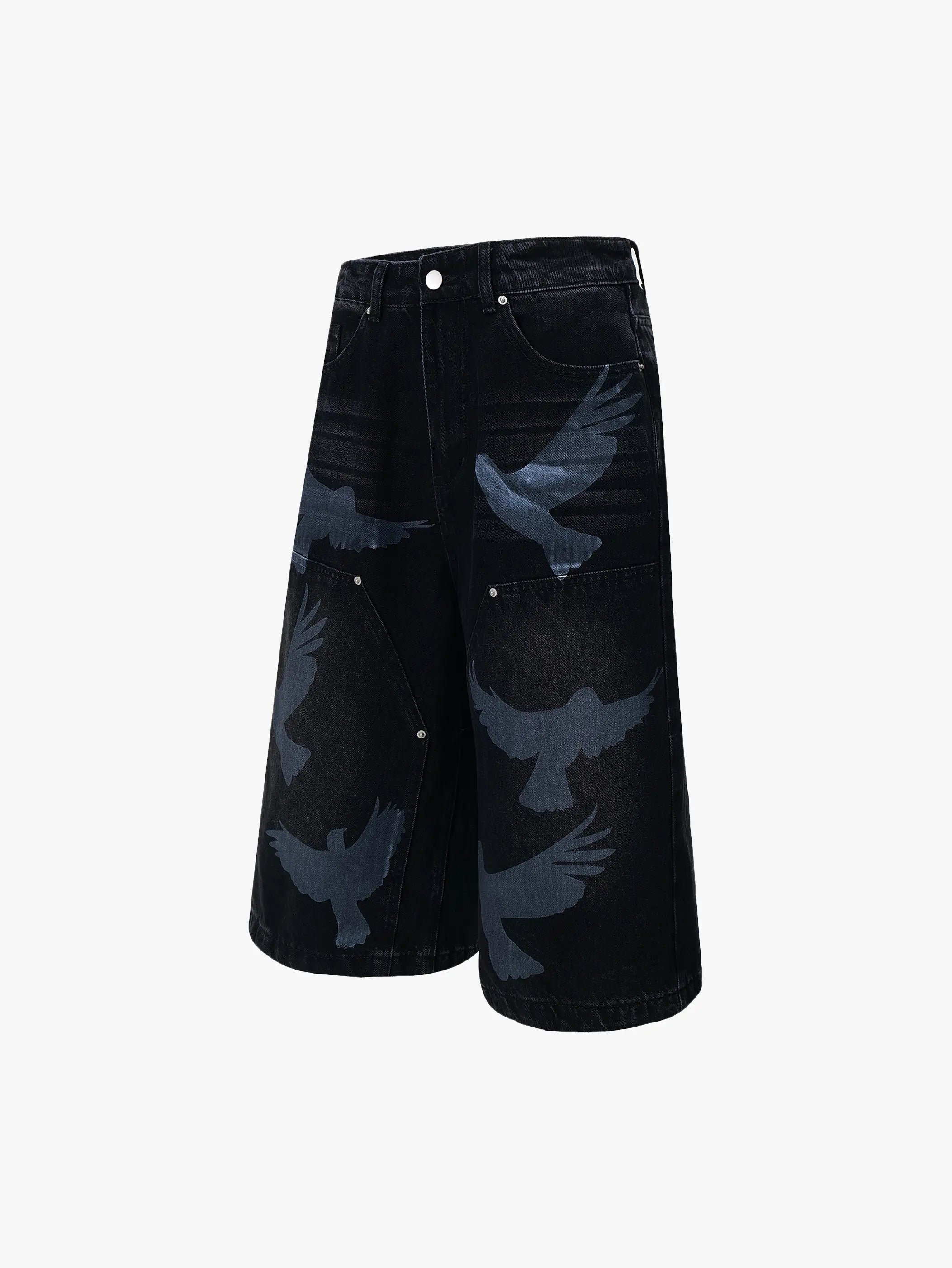 Trendy Black Denim Shorts with Bird Print Graphic Stylish Streetwear Casual Bermuda Pants - S966