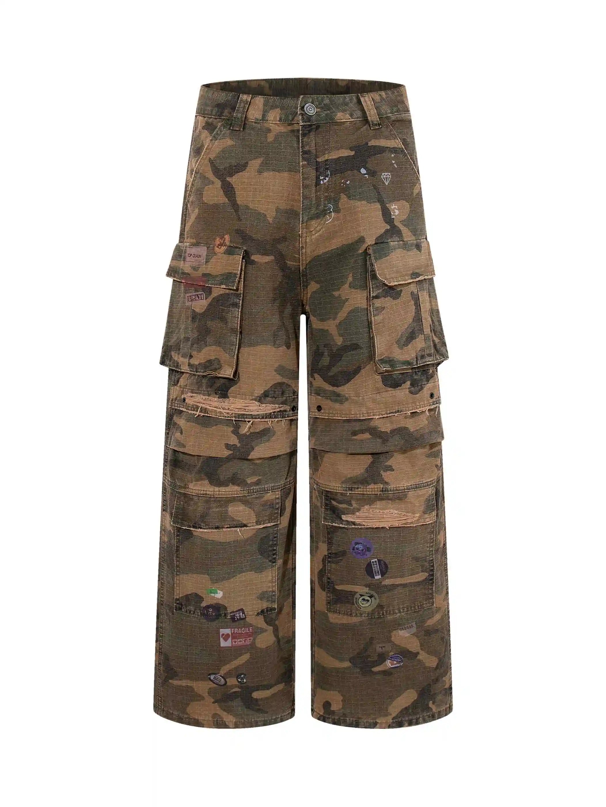 Pantalon cargo déchiqueté à badge camouflage-S1233