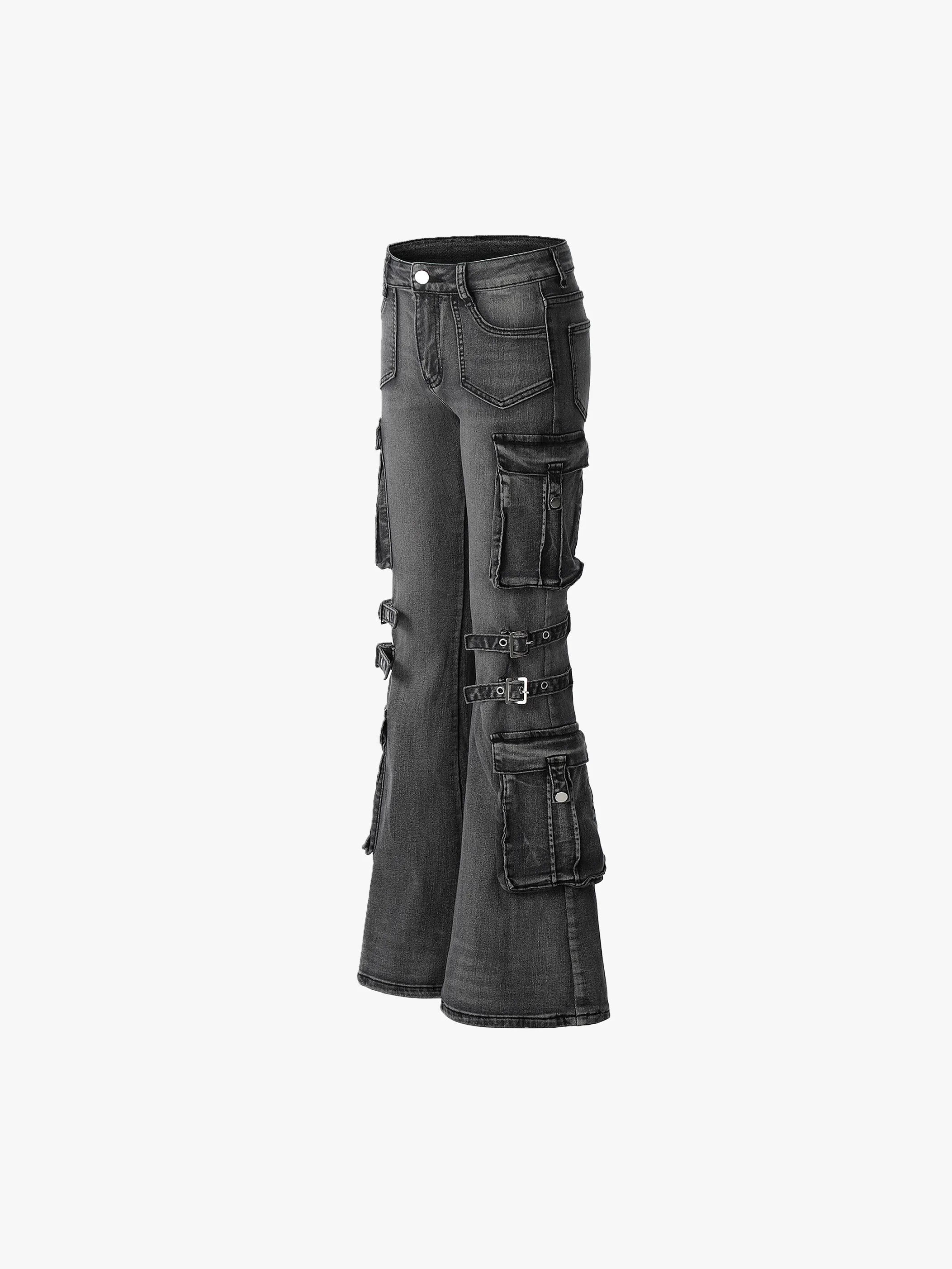 Distressed Cargo Denim Pants with Adjustable Buckled Straps for a Bold Look - S995