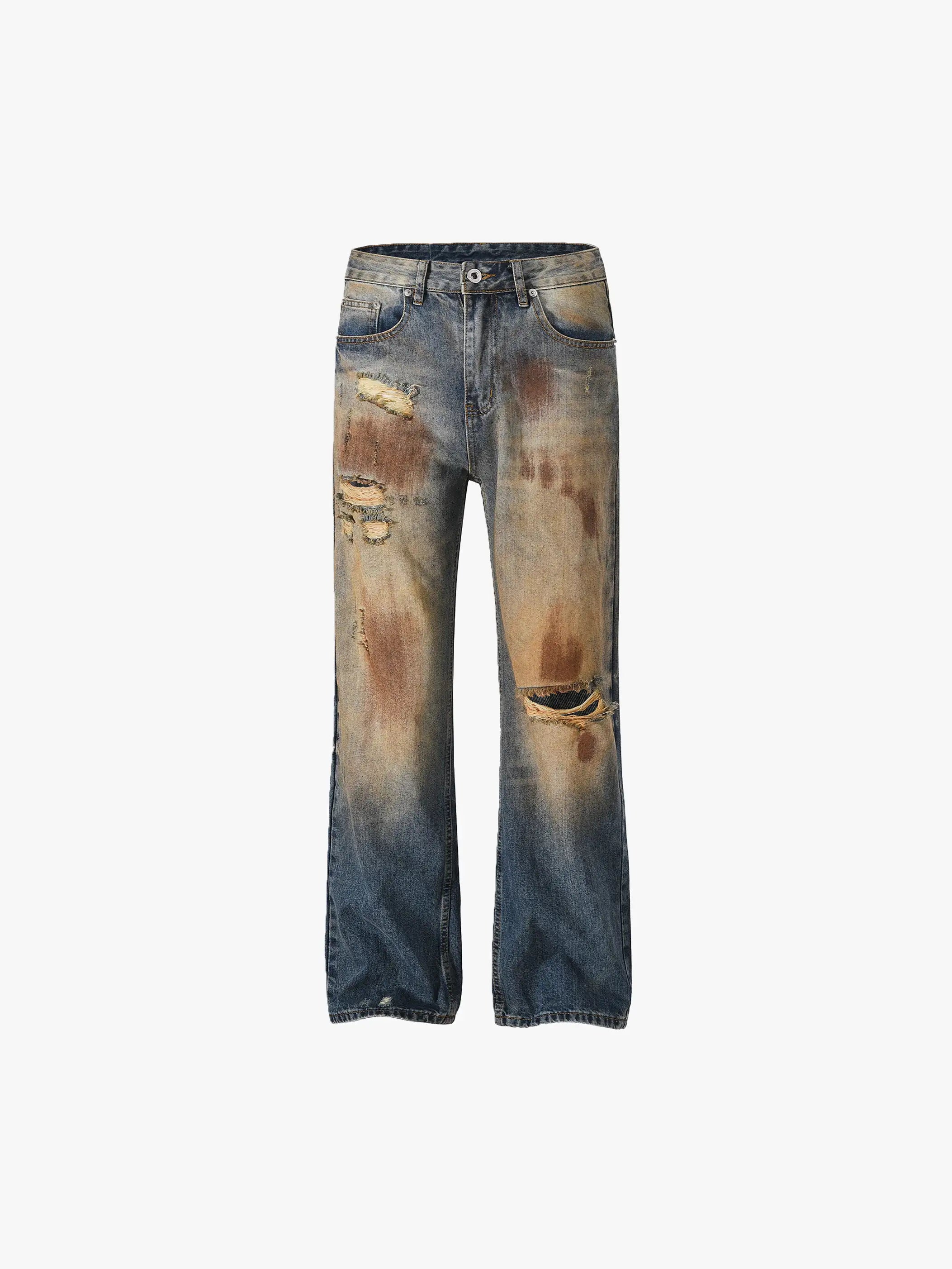 Distressed Denim Pants with Rips and Faded Detailing Trendy Wide-Leg Streetwear - S985