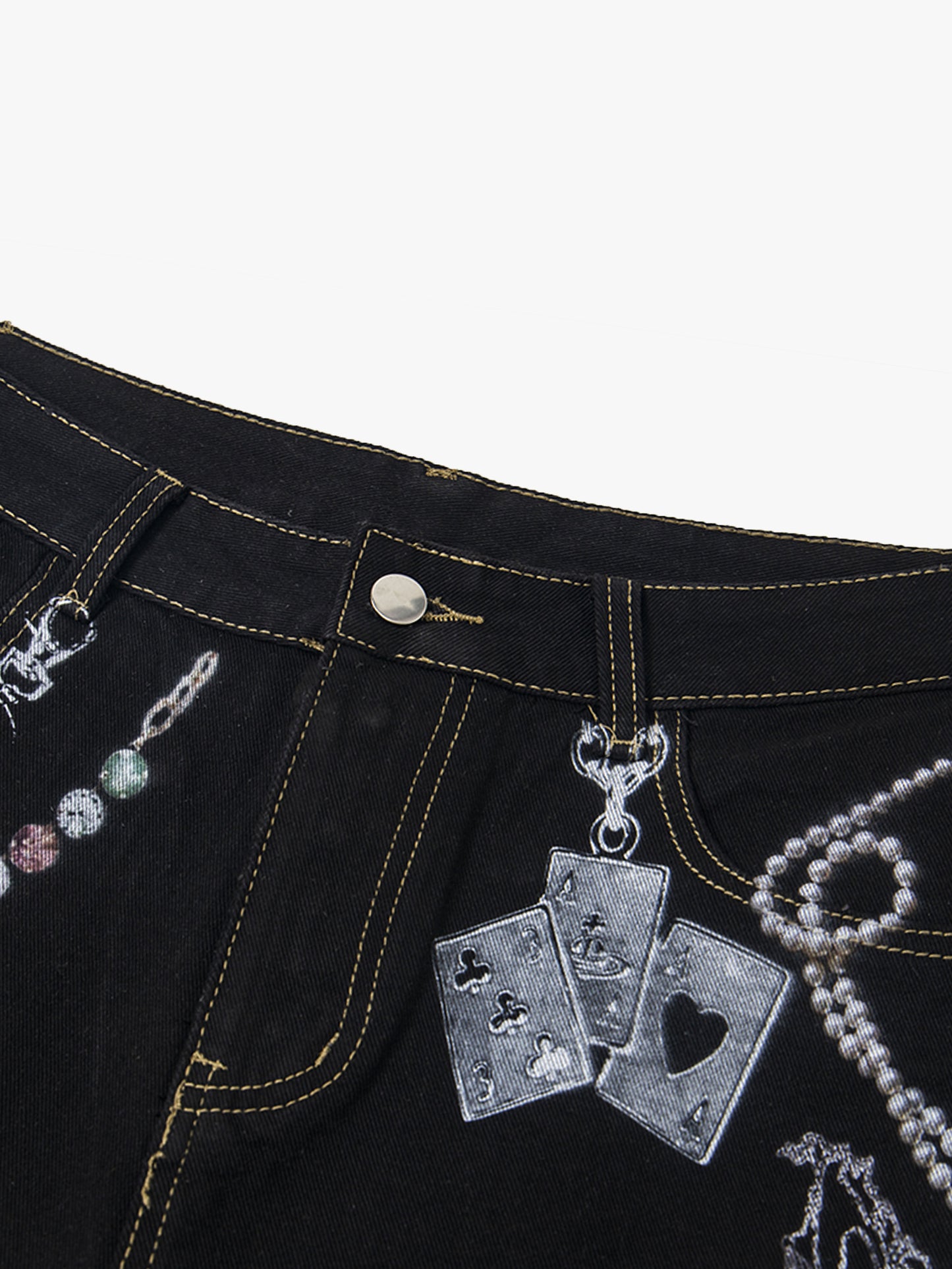Chain Print Denim Shorts Unisex Streetwear Poker Graphic Loose Pants-S1014